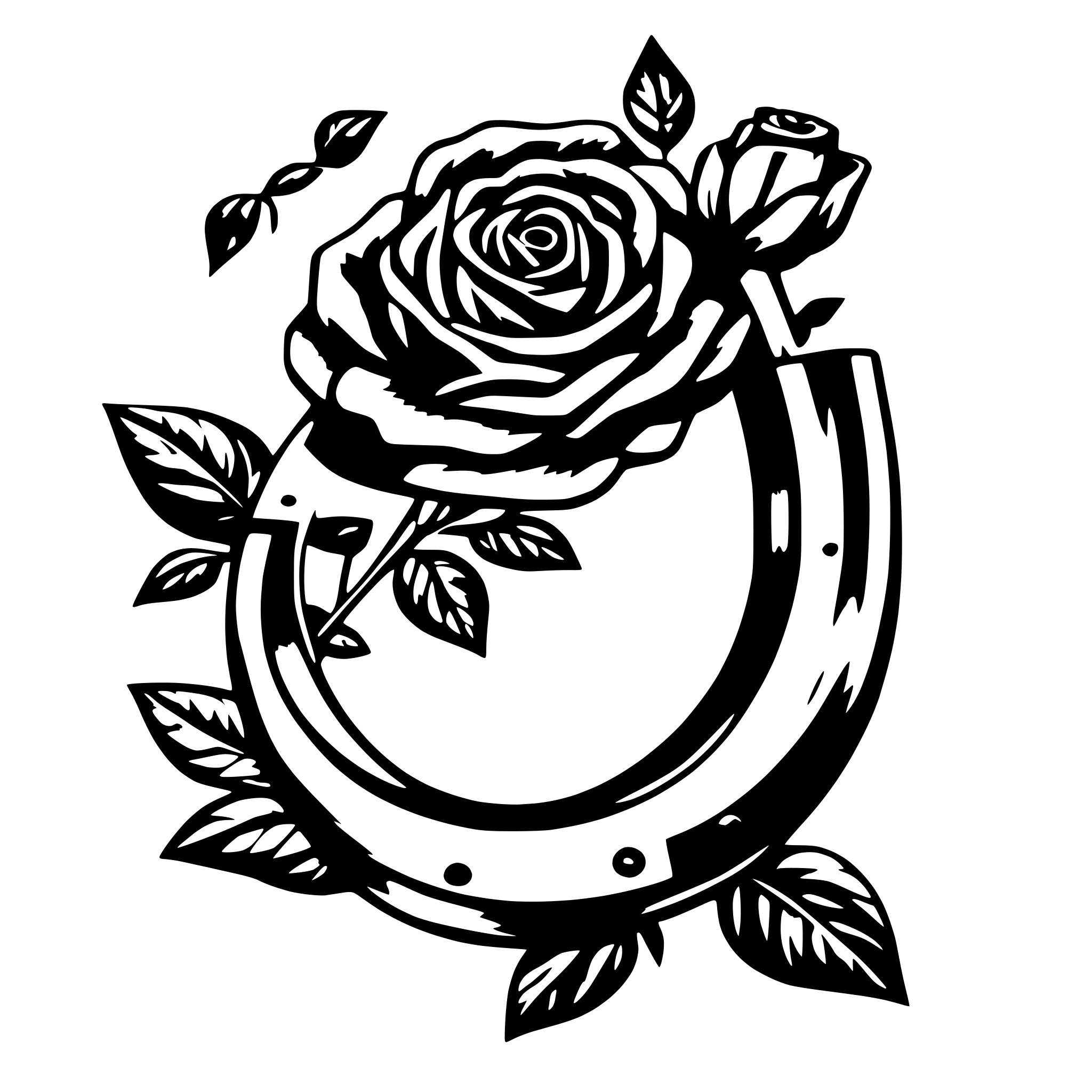 AI-generated SVG of 'black and white, simple drawing, horseshoe, rose, realistic, elegant'