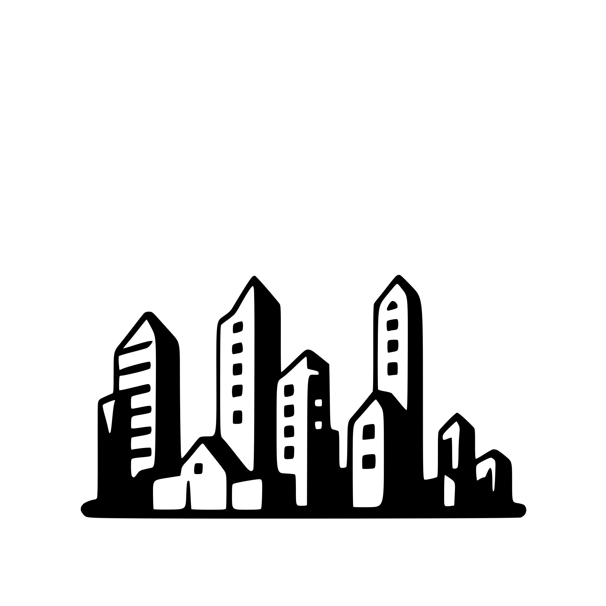 AI-generated SVG of a side-view of city's skyline silhouette with 2 small  buildings among 10 houses