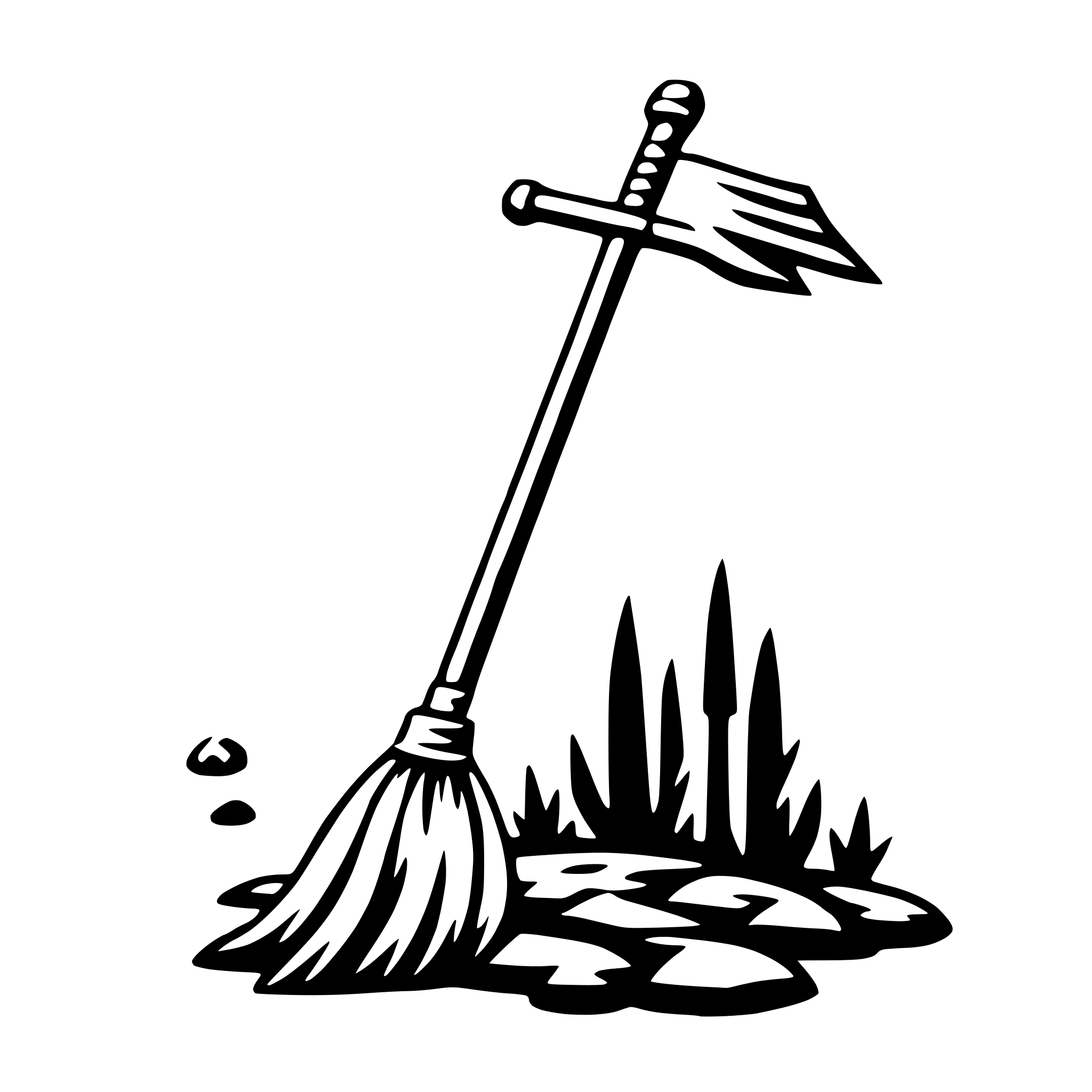 The SVG depicts a broom with a long handle and a bristle head, which is upright and leaning to the left. The bristles are spread out, and the handle appears to be made of a cylindrical material. Below the broom, there is a small pile of what looks like dirt or debris, and to the right, there is a cluster of three vertical lines that could represent a small group of trees or poles. The background is plain and does not provide any additional context or details. The broom is the central object in the SVG, and its position suggests it has been used and is now leaning against the pile of debris. 