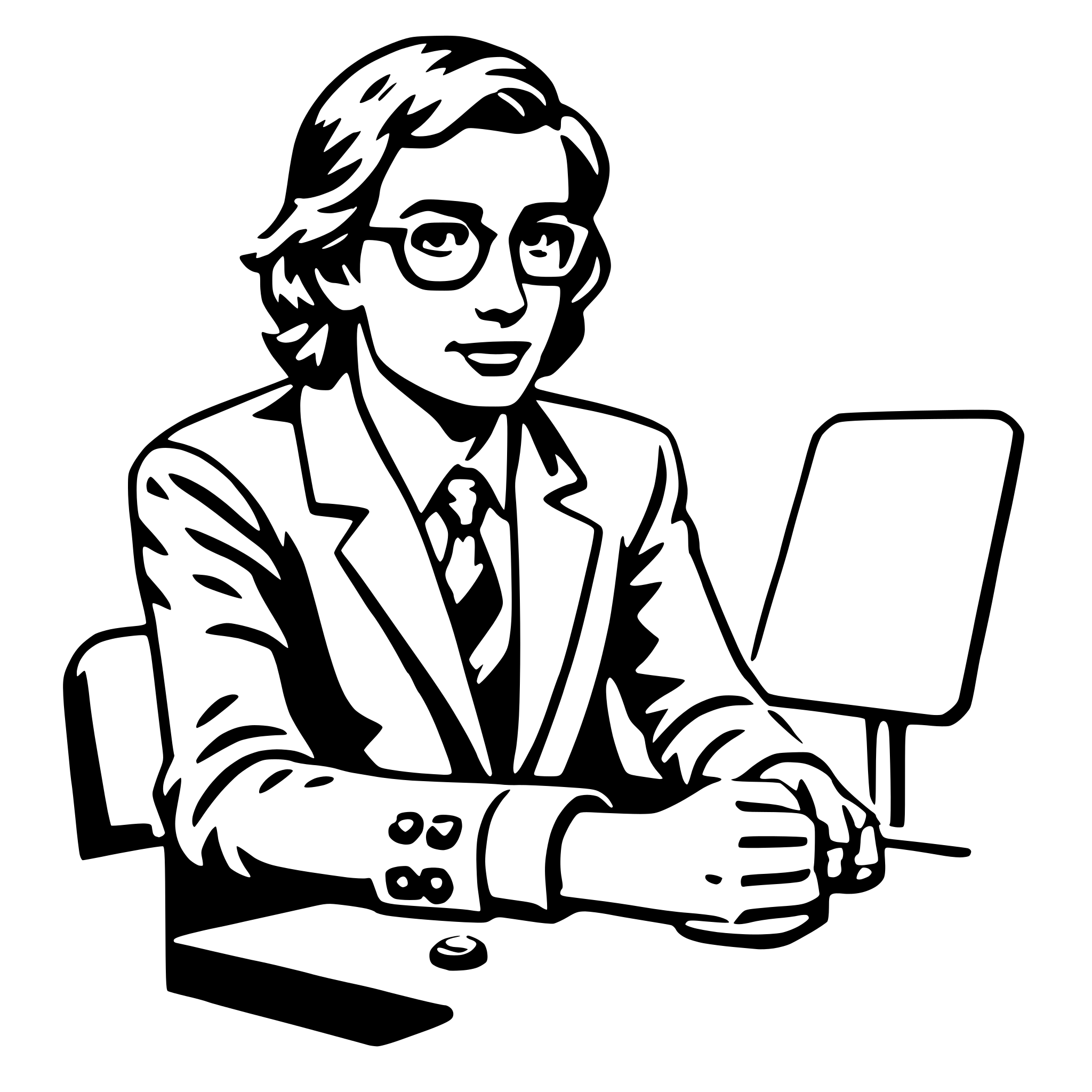 The SVG depicts a stylized illustration of a person sitting at a desk. The individual is wearing glasses, a suit with a tie, and has their hands clasped together on the desk. The person appears to be engaged in a conversation or presentation, as suggested by the presence of a microphone on the desk. The background is minimal, with a simple outline of a chair and a portion of the desk visible. The style is reminiscent of a comic or cartoon, with bold outlines and a limited color palette. 