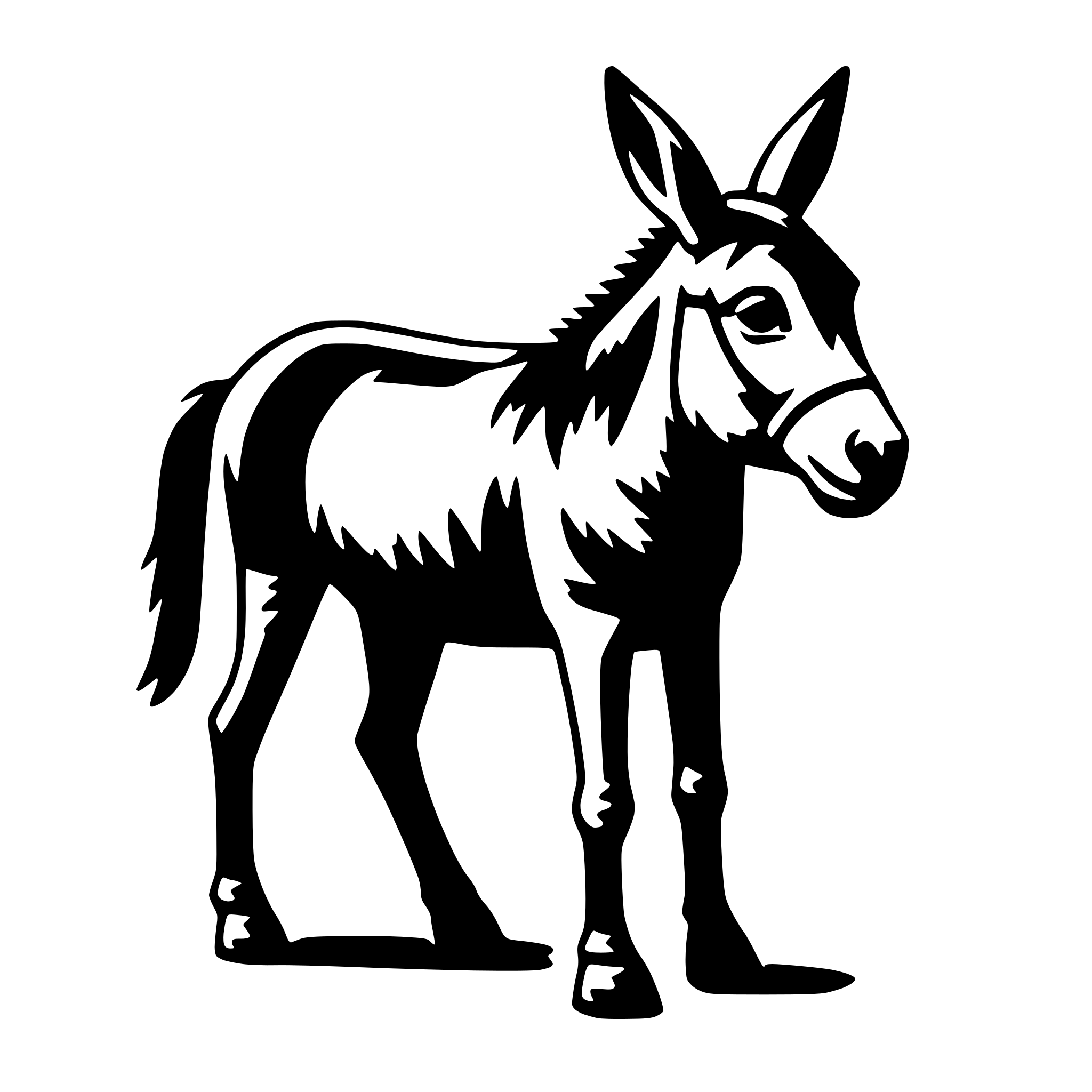 The SVG shows a simple line drawing of a donkey. The donkey is depicted in profile, facing to the right. It has a long, straight mane, a short tail, and a pair of ears. The donkey's body is elongated, with a visible belly, and it has four legs. The SVG is stylized with solid black lines against a white background, giving it a minimalist and graphic quality. There are no texts or additional elements in the SVG. 