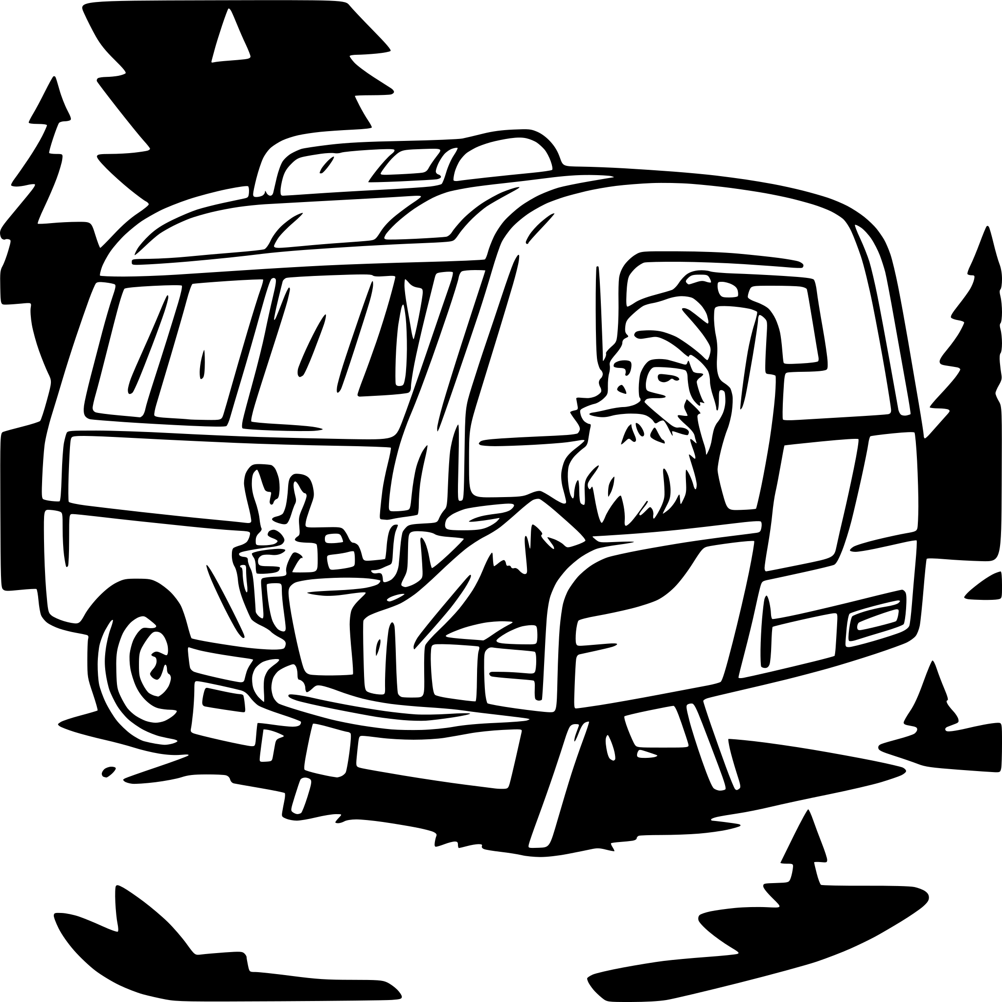 AI-generated SVG of a santa reclining in a camping chair next to a camper.  the camper is being pulled by reindeer.