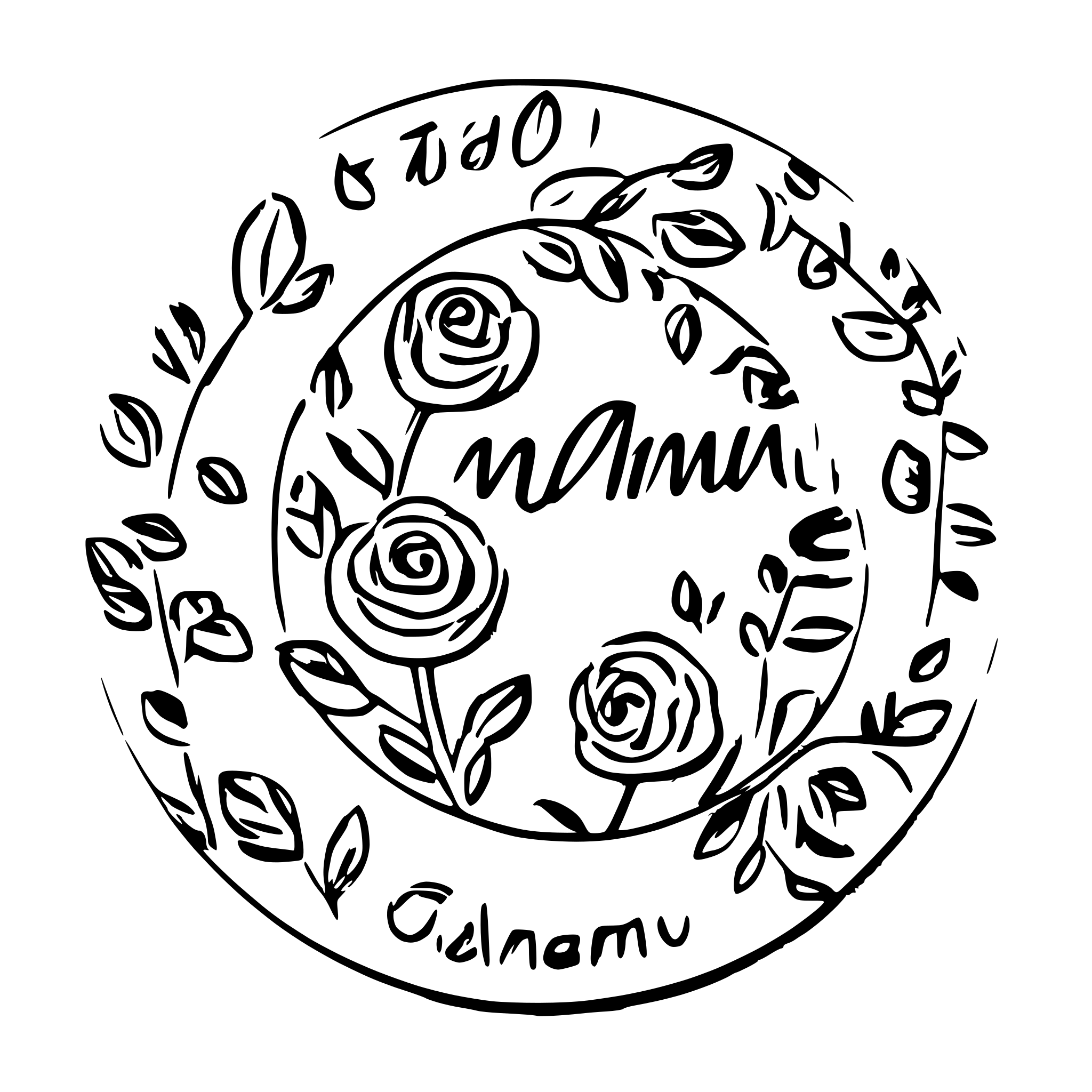 AI-generated SVG of a Text: Milma inside of round ornament of roses