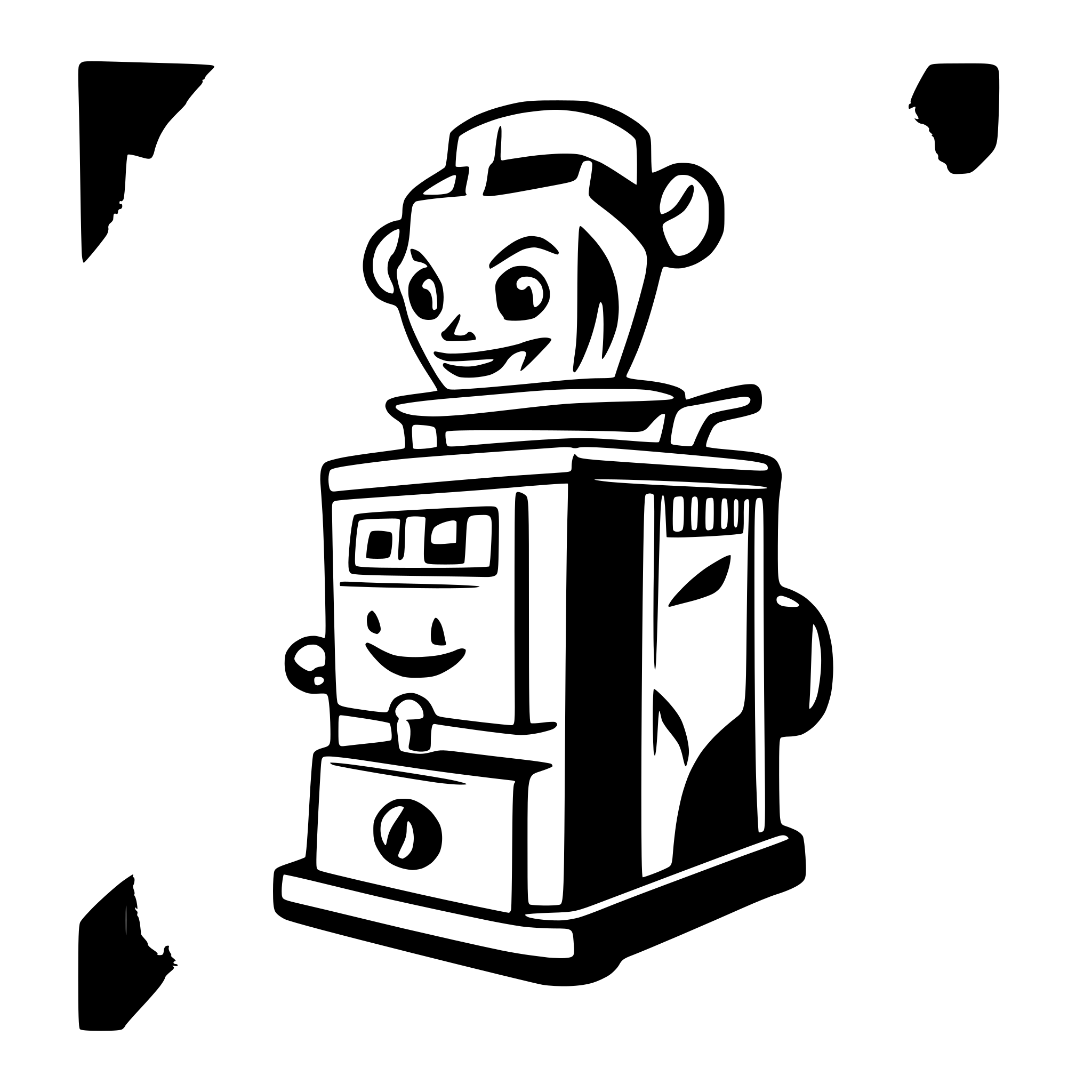 AI-generated SVG of a circus poster with funny looking coffee grinder with clown head, wearing headphones.