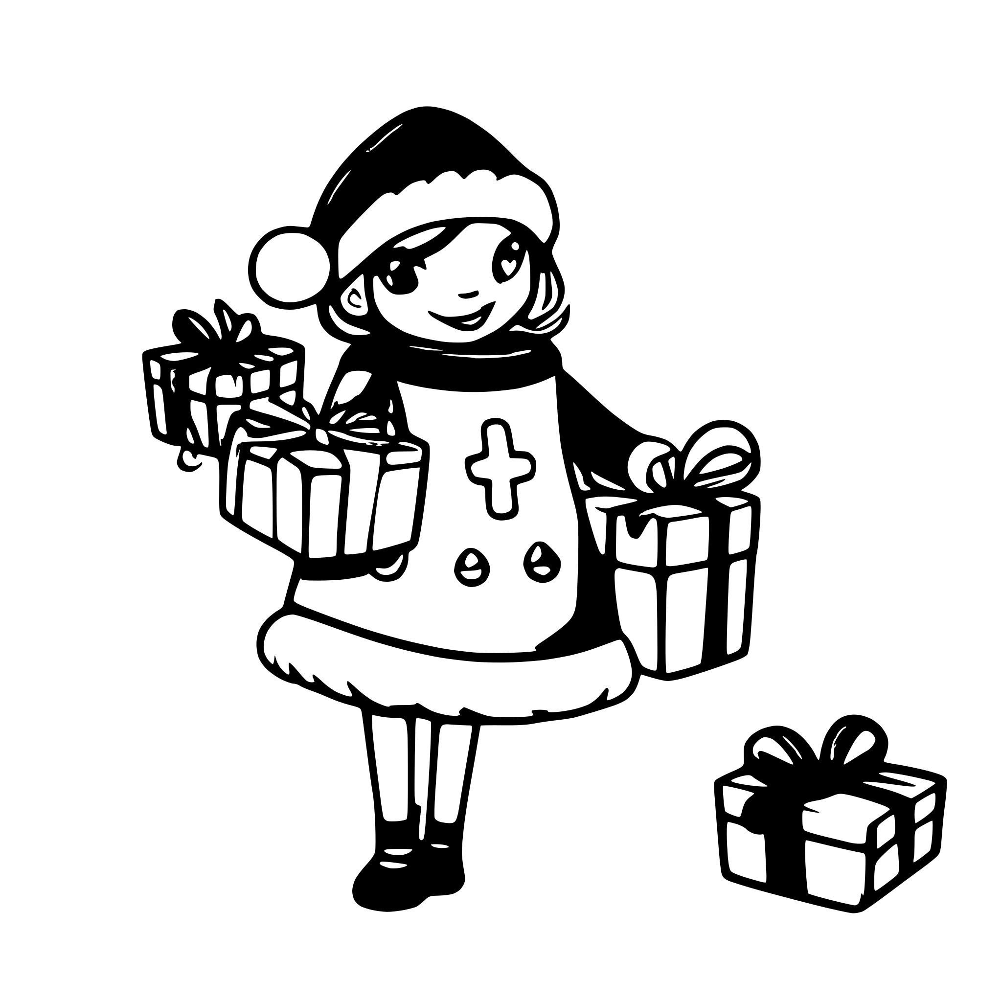 AI-generated SVG of a A cheerful cartoon character wearing a festive sweater stands against a bright blue background, holding a sign that says Merry Christmas in red cursive font. Surrounding the character are colorful wrapped gifts in various shapes and sizes, adorned with bows in red, green, and yellow.