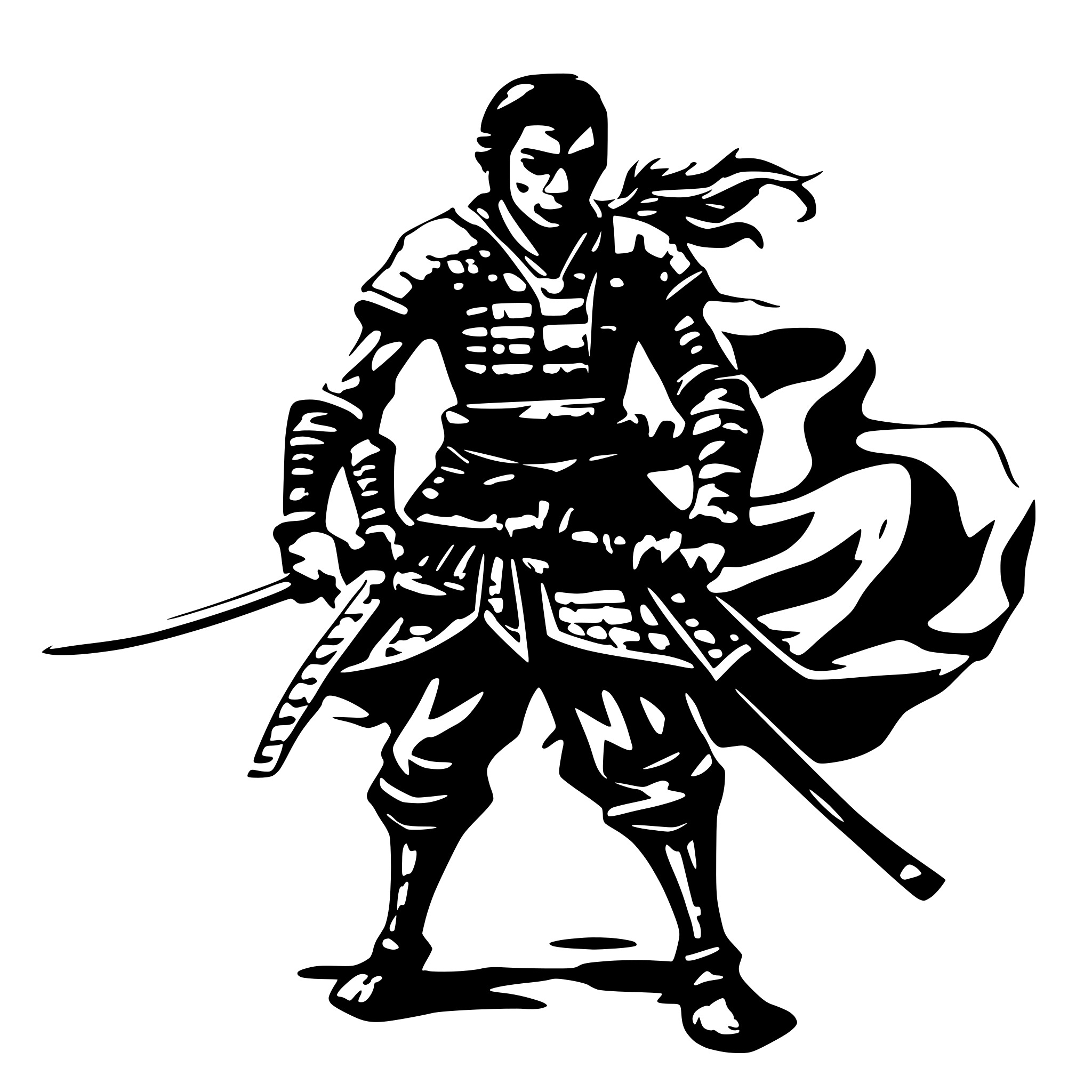 AI-generated SVG of 'A SAMURAI IN FIGHT POSITIOPN, AND IN HIS BACK, HIS FACE LLOKING RIGHT TOWARD THE CAMERA'