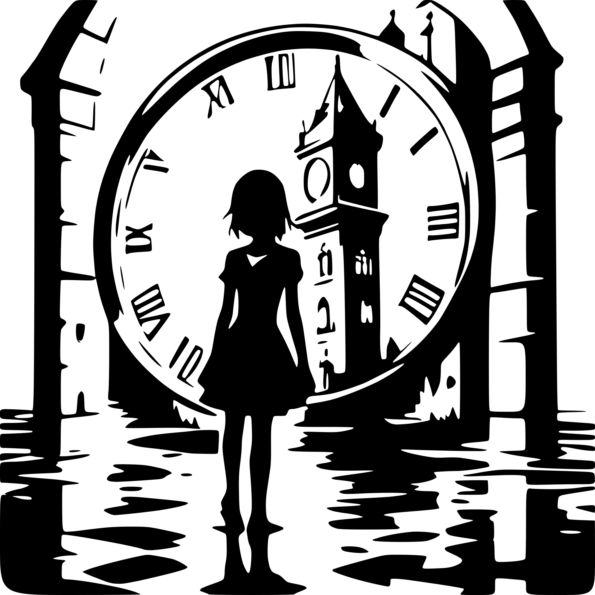 AI-generated SVG of a a creepy girl in a destroyed and towering clocktower, reflected in water below AI-generated SVG of a a creepy girl in a destroyed and towering clocktower, reflected in water below