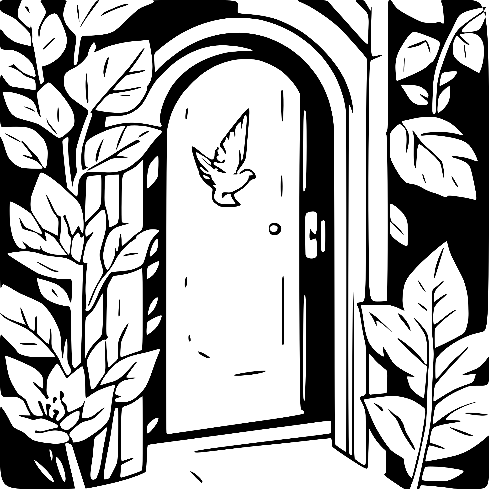 AI-generated SVG of a give me a detailed vector line art in black and white to use with a laser cutter and engraver of flowers and birds for a door topper
