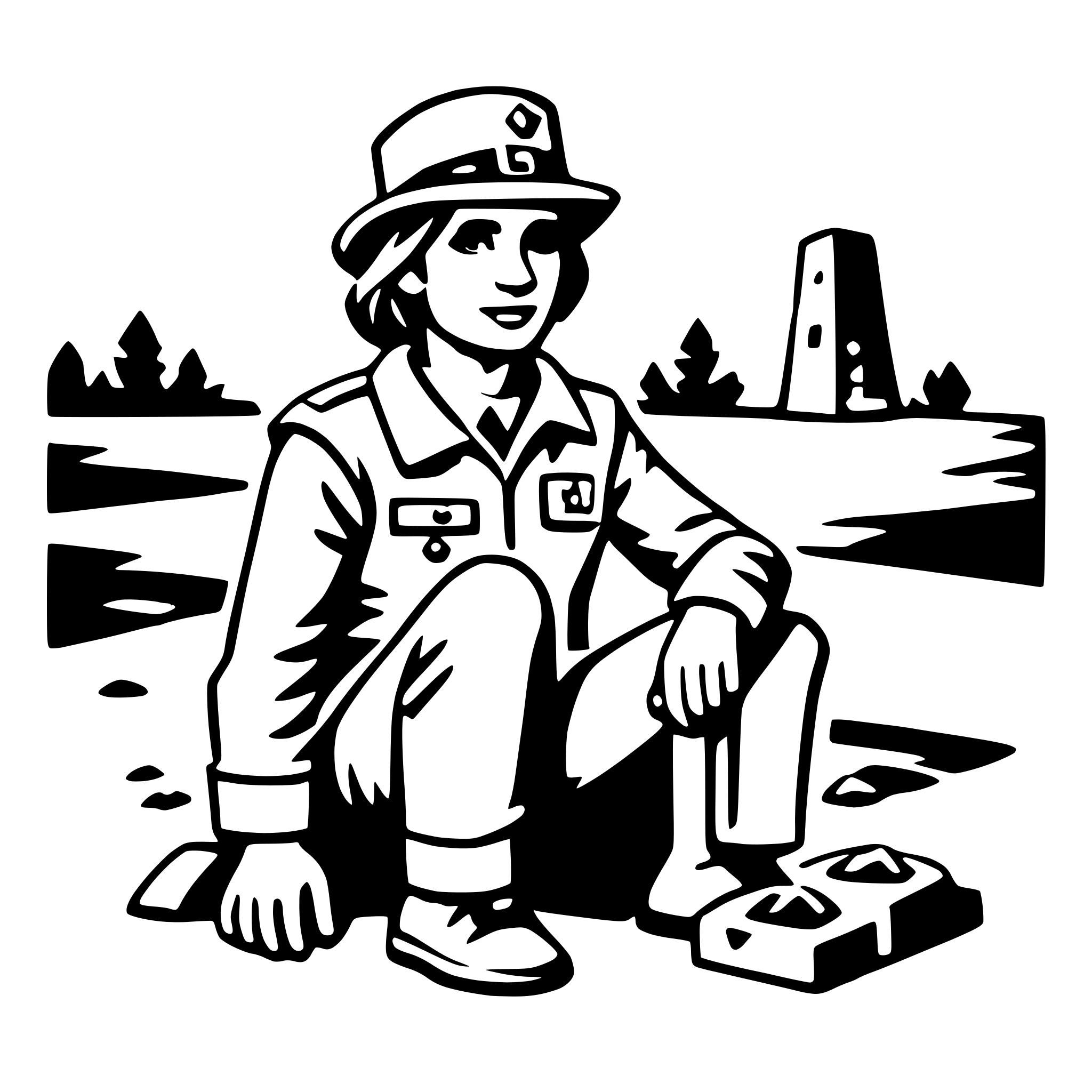 The SVG depicts a stylized illustration of a person sitting on the ground with their legs crossed. The person is wearing a cap and a uniform with a badge on the left side of the chest. In front of the person, there is a small, rectangular object that appears to be a tool or a piece of equipment. In the background, there is a silhouette of a structure that resembles a tower or a monument, with trees and a horizon line suggesting a natural landscape. The overall style is simplistic and cartoonish, with solid black outlines and no shading or coloring. The SVG does not show any interaction between the objects; they are static and arranged in a scene. 