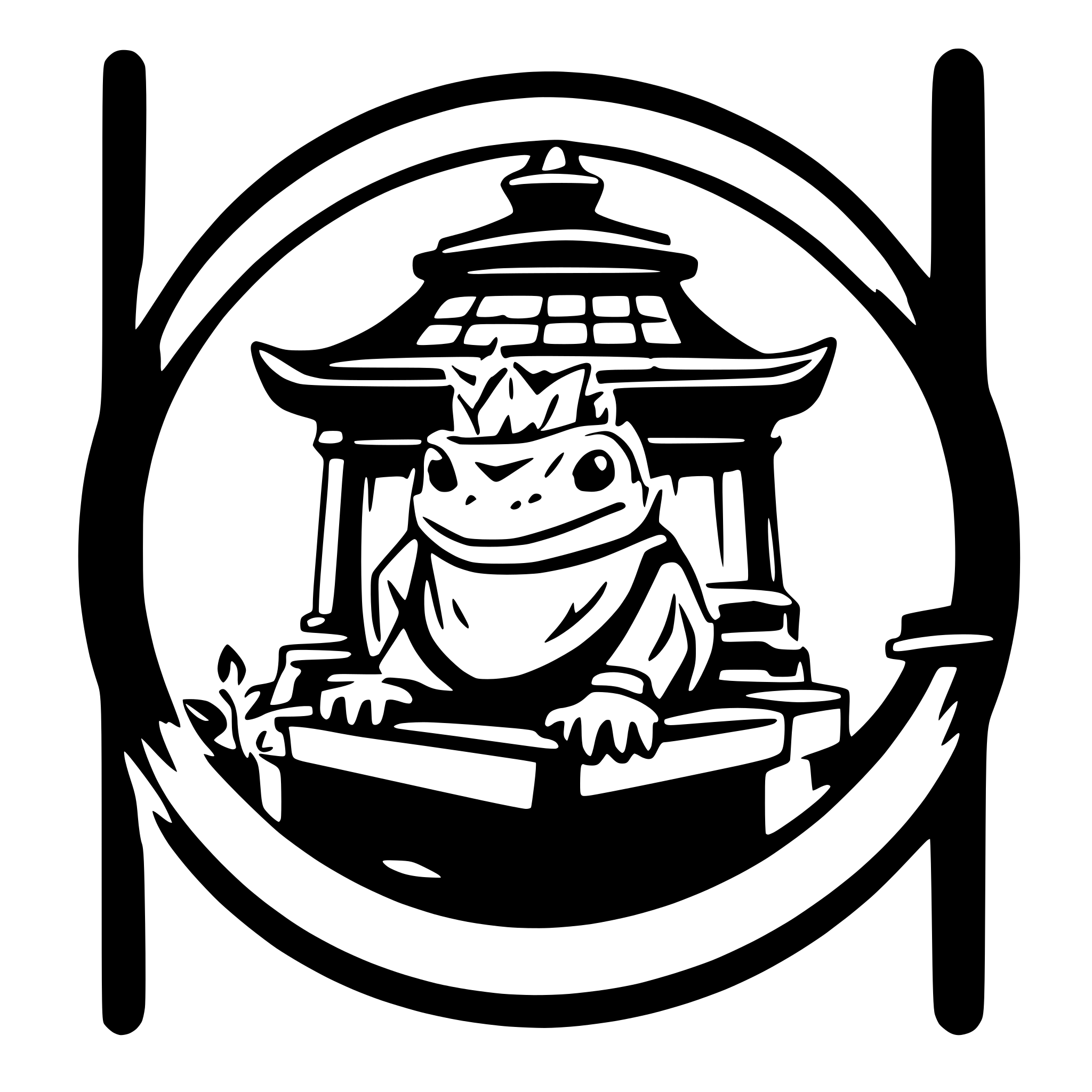 AI-generated SVG of 'A black logo spelled "Bufo Supreme", with a SAMURAI bufo frog, with a blonde mohawk, sitting on top of the letters, with a japanese temple in the background.'