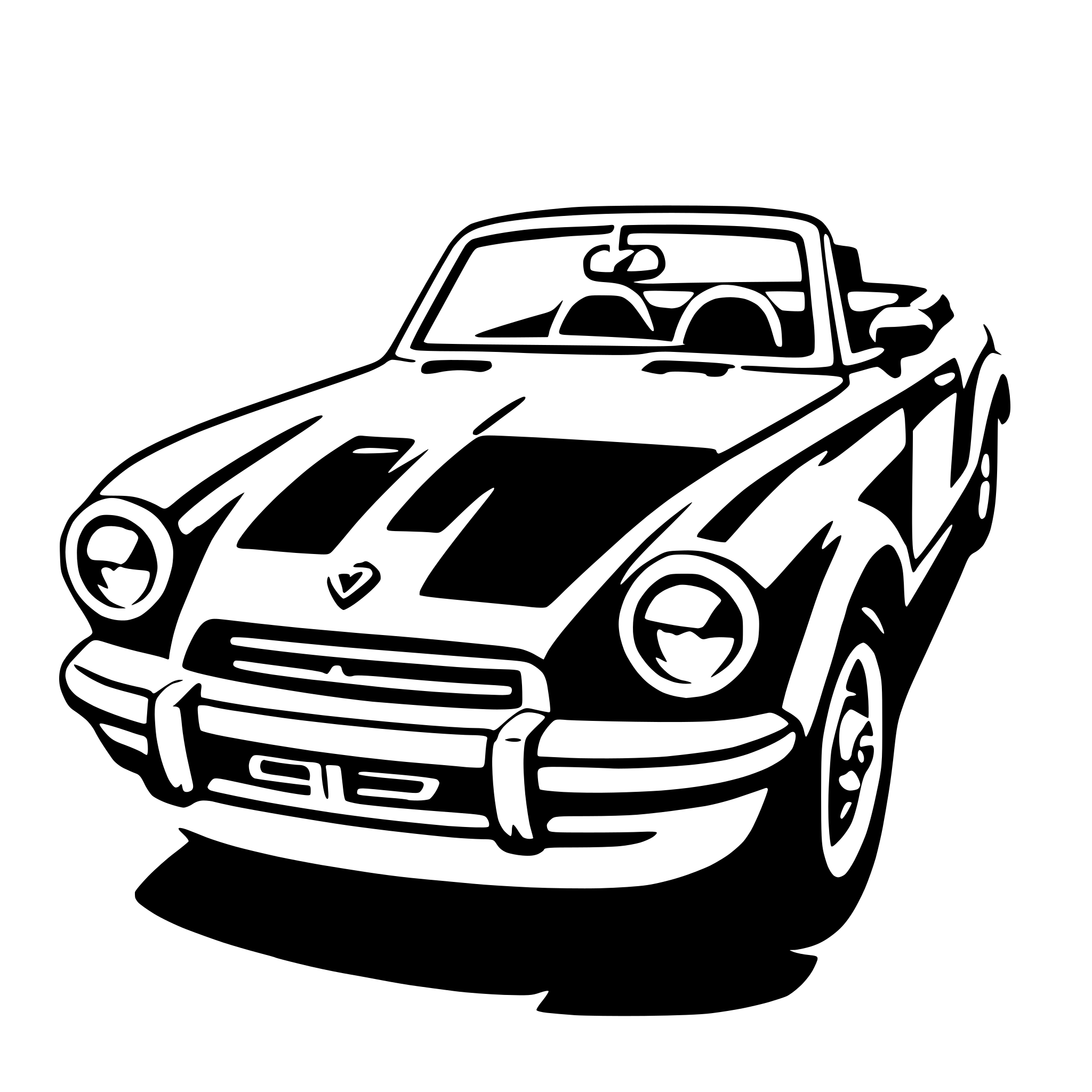 The SVG depicts a classic convertible car. The car is shown from a three-quarter front view, with the hood slightly angled to the left. It features a prominent front grille with a logo in the center, flanked by two round headlights. The car has a convertible top that is down, revealing the interior. The vehicle's body has a glossy finish, and there are visible lines and curves that suggest the car's design, including the contours of the hood and the shape of the front fenders. The wheels are not detailed but are visible as part of the car's structure. The car is positioned on a flat surface, and there is a slight shadow beneath it, indicating a light source from above. 