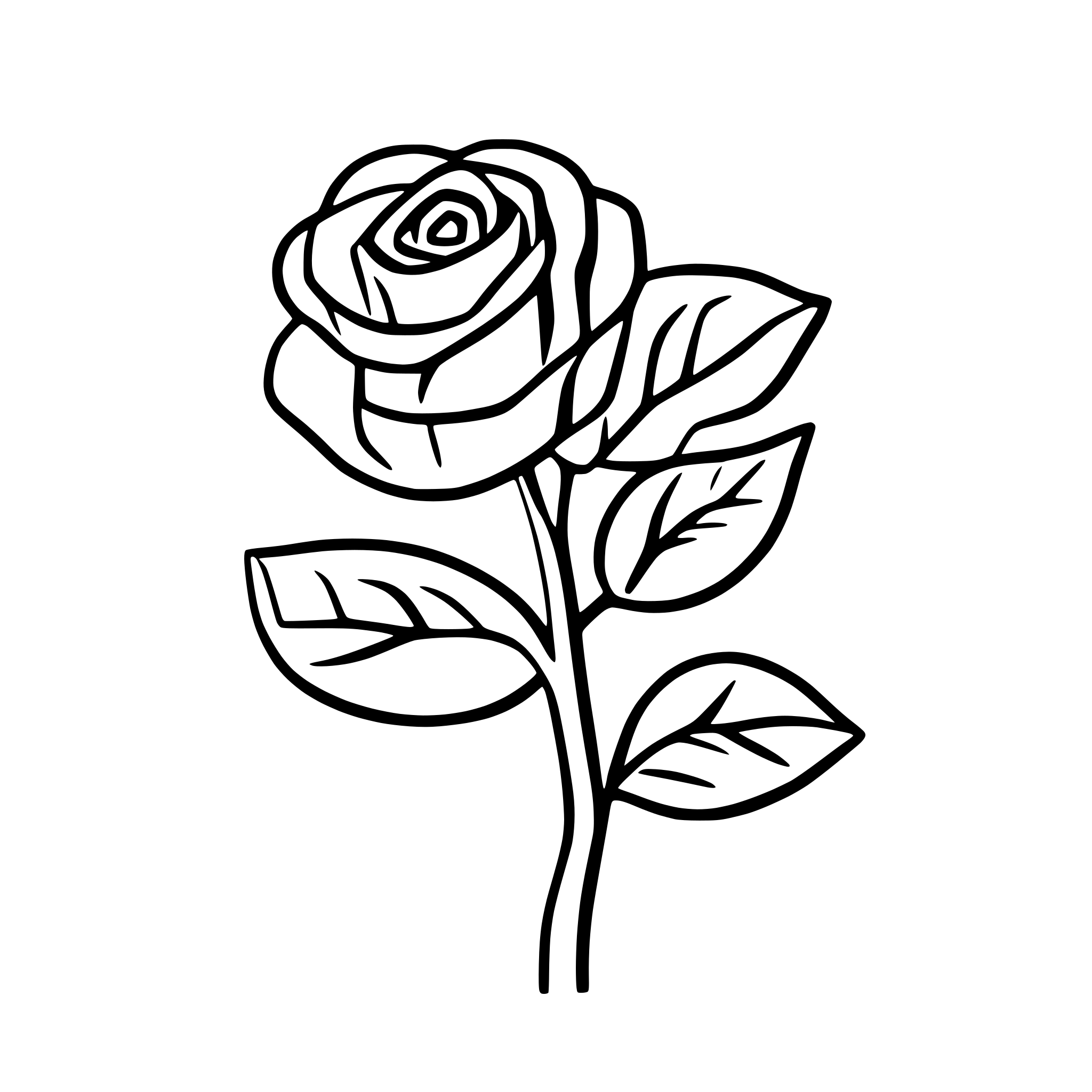 AI-generated SVG of 'A simple SVG of a single rose on a curved stem with two small leaves.'