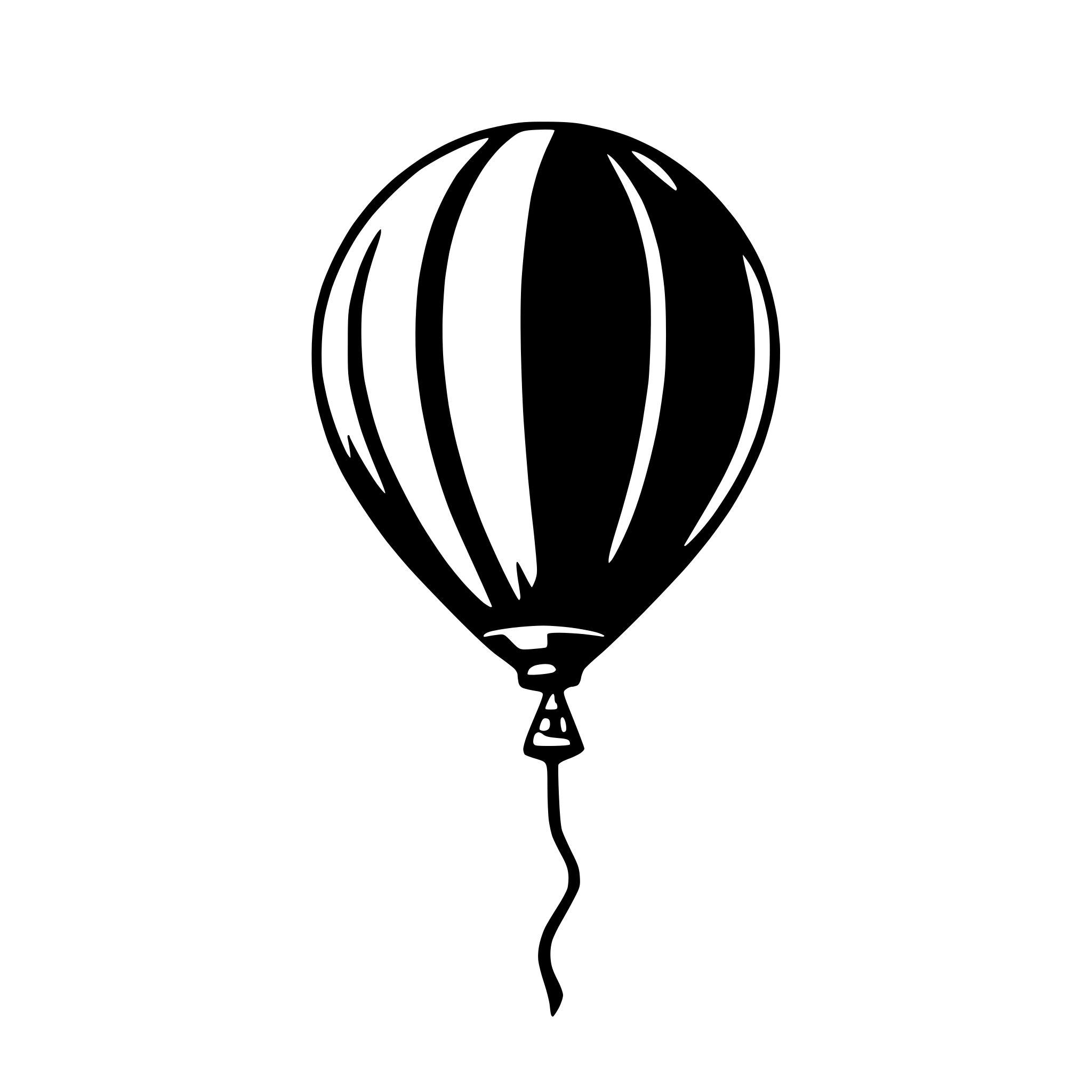 The SVG shows a simple black and white line drawing of a hot air balloon. The balloon is depicted with a rounded top and a pointed bottom, suggesting a cylindrical shape with a tapered end. A thin line extends from the bottom of the balloon, indicating the string or tether that is typically used to control the balloon's ascent and descent. The balloon is centered against a plain background, and there are no other objects or interactions depicted in the SVG. 