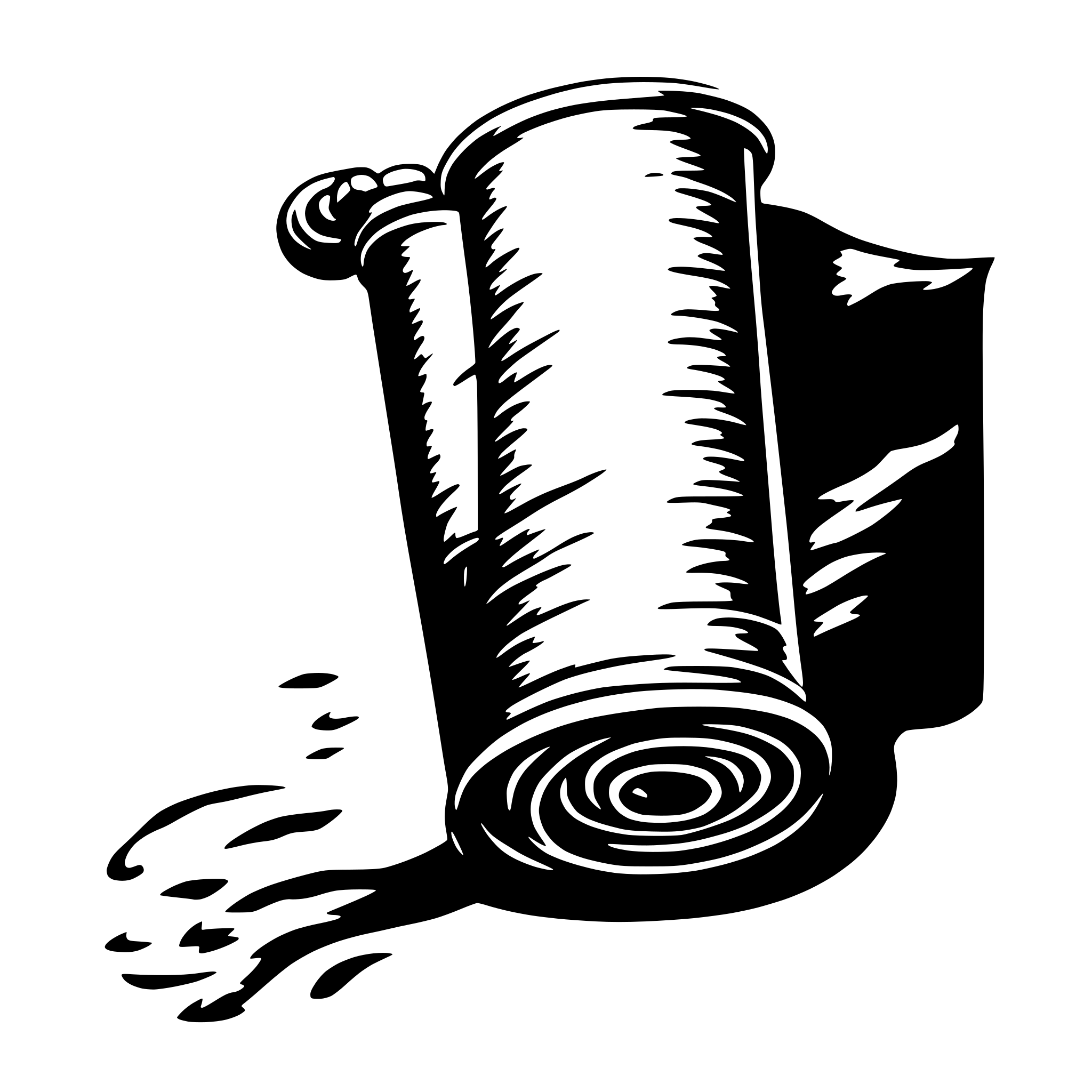 AI-generated SVG of 'A black and white SVG illustration of an ancient scroll, partially unrolled, with a wax seal on one end. The scroll has visible texture lines to suggest old parchment, and the seal is ornate with a crest-like design.'