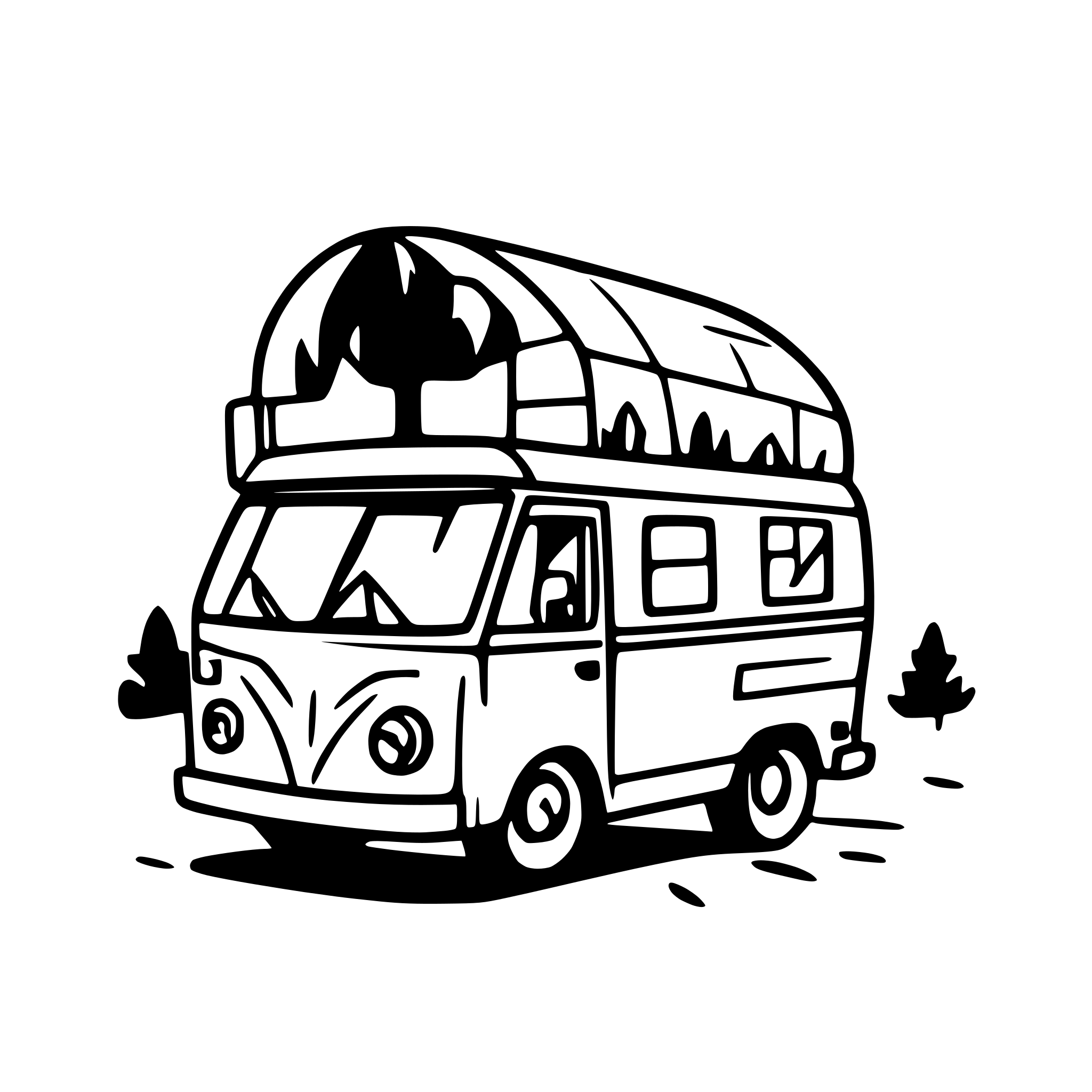 AI-generated SVG of 'A cute, simple illustration of a camper van pulling into a campground. Long shot profile viewpoint.'