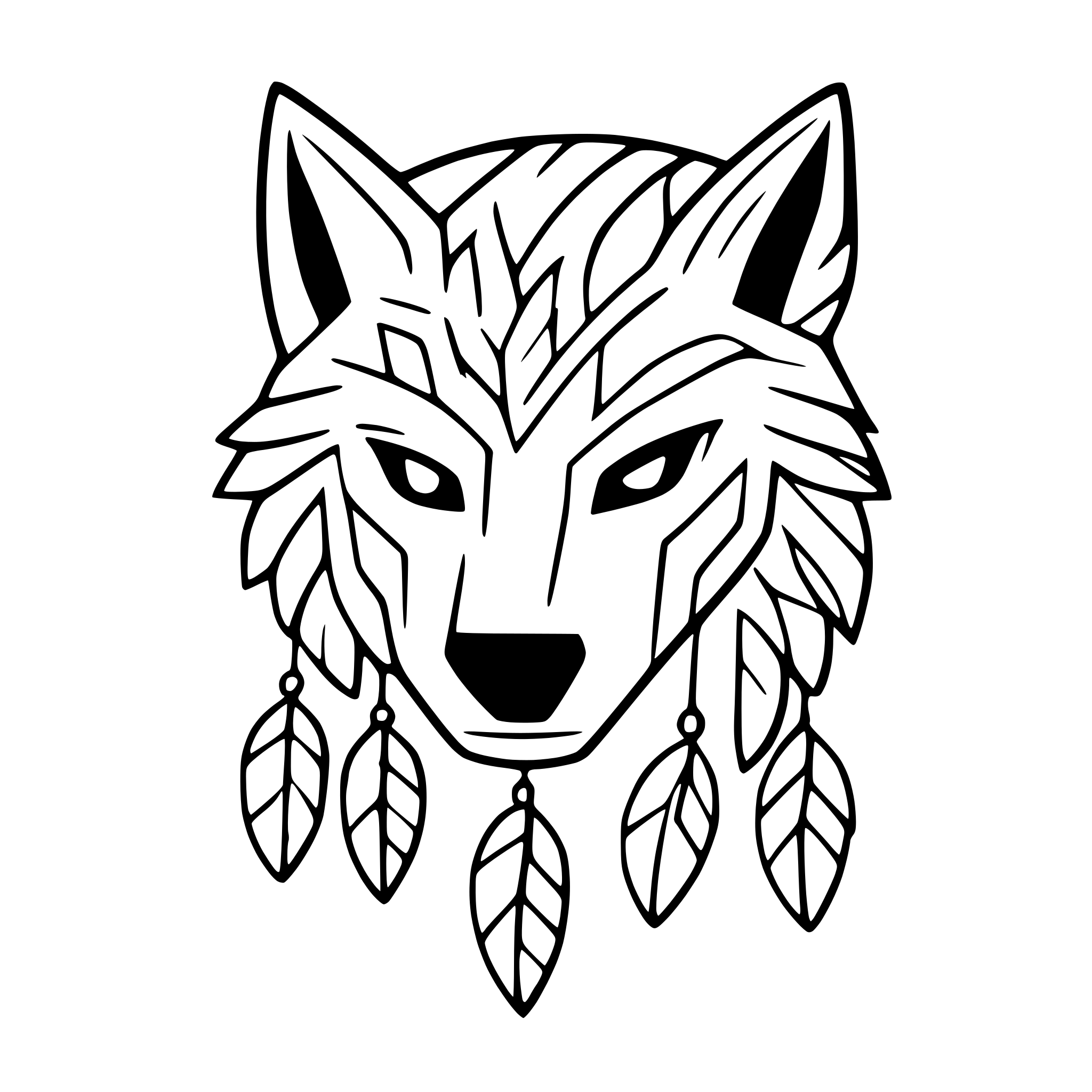 AI-generated SVG of 'tribal wolf head with feathers'