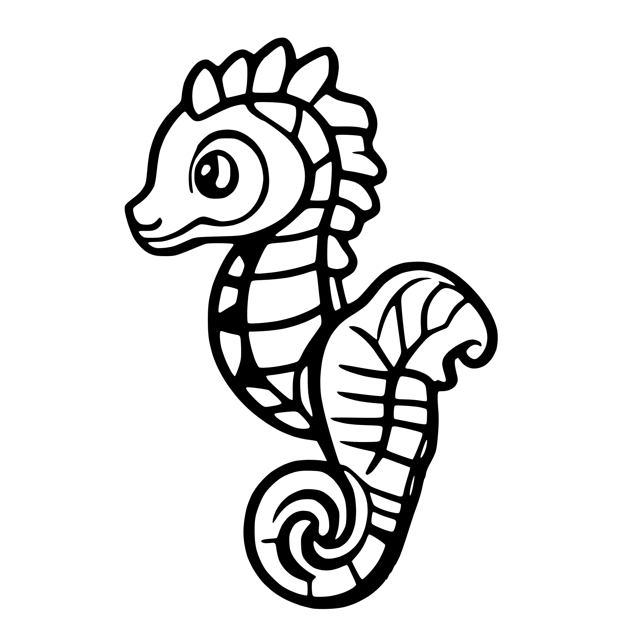 AI-generated SVG of a slightly cartoonish seahorse without wings colored in yellow and gold with black accents