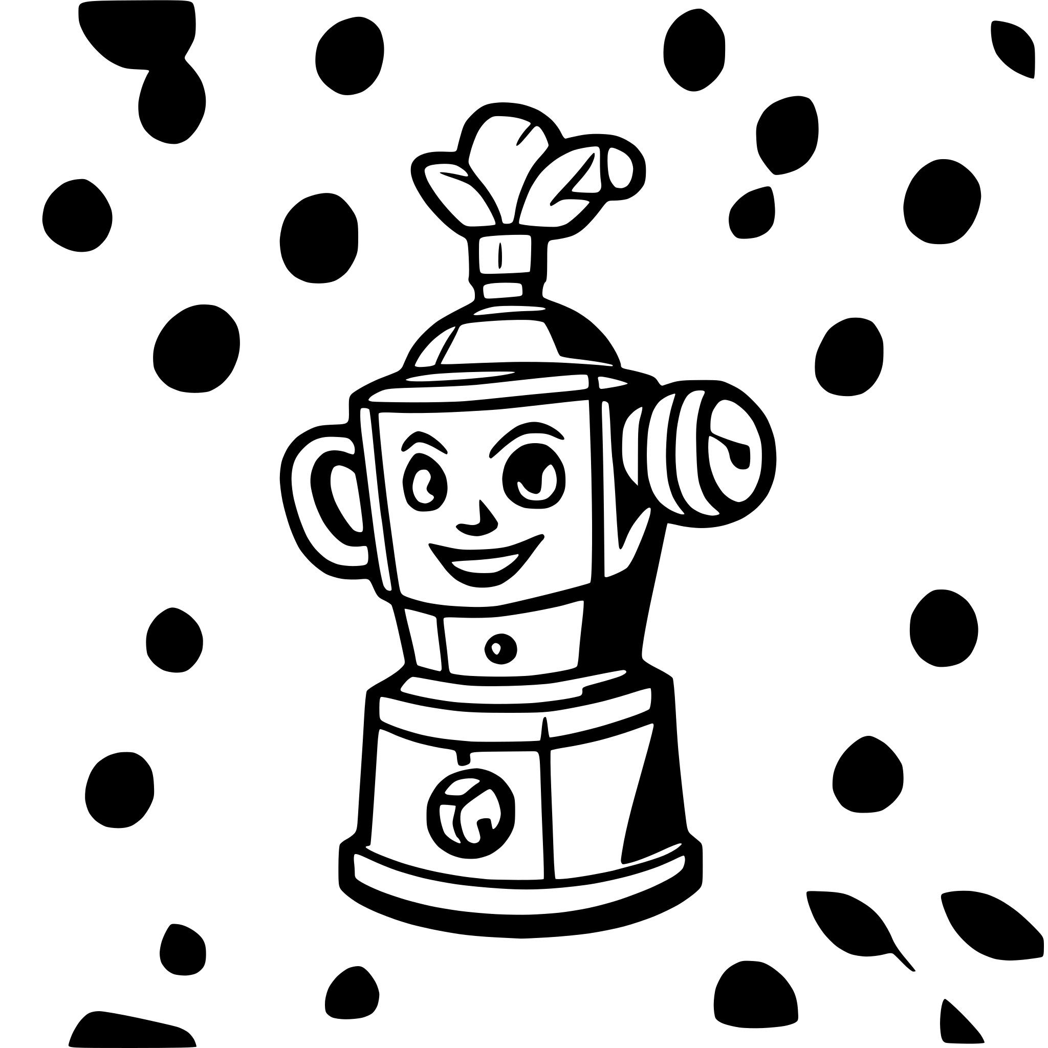 AI-generated SVG of a circus poster with funny looking coffee grinder with clown head, wearing headphones.