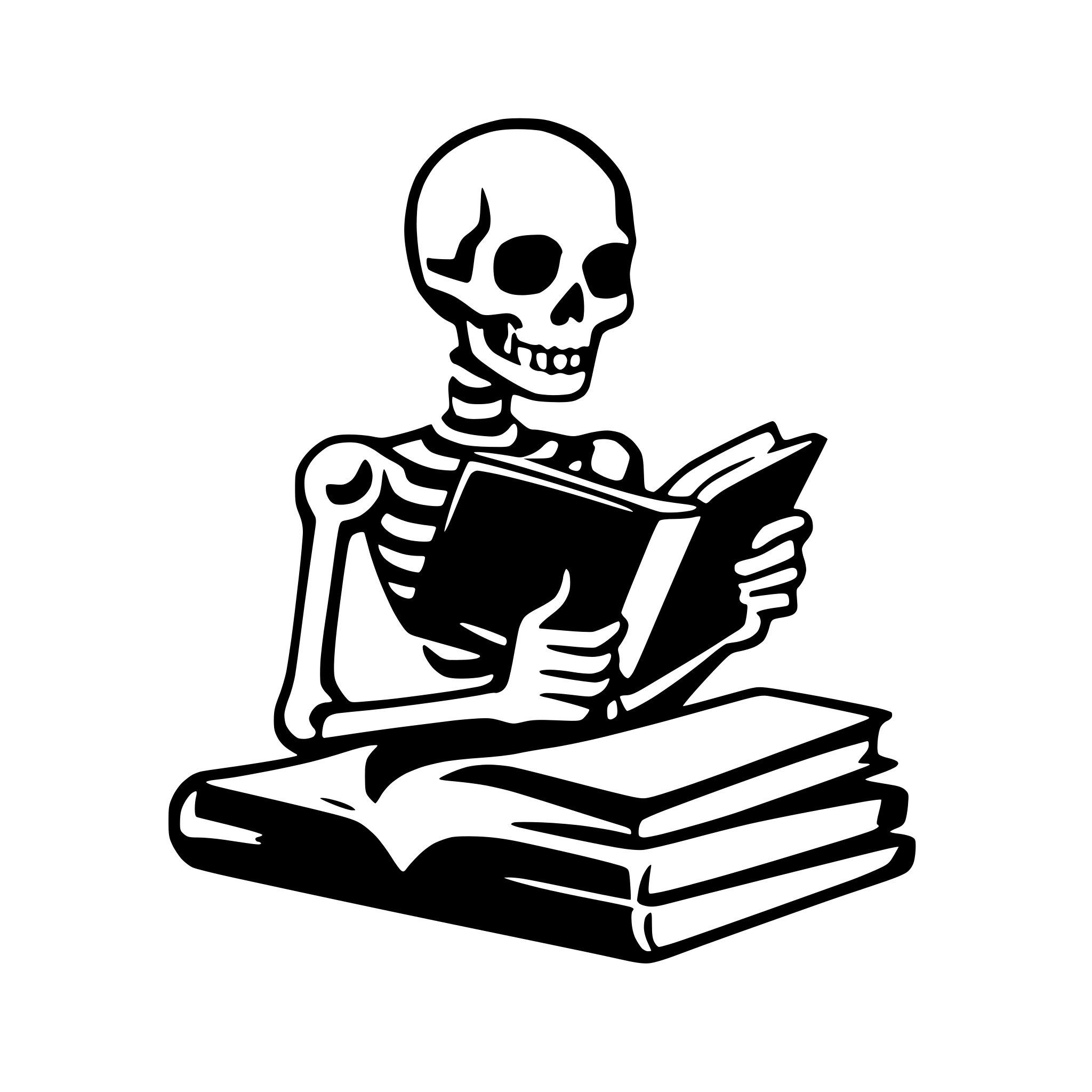 AI-generated SVG of 'skeleton reading a book'