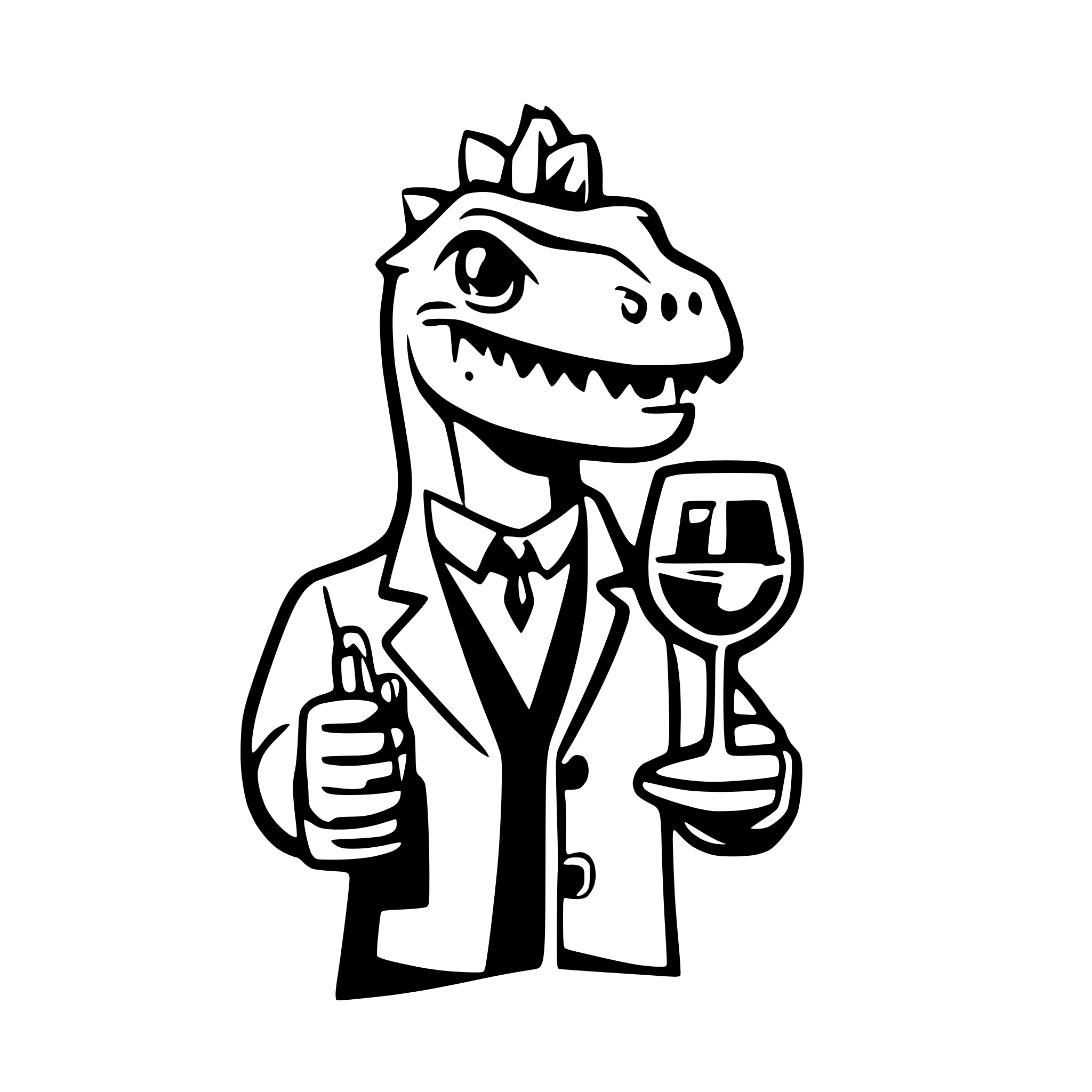 AI-generated SVG of a dinosaur with a glss of wine in the hand