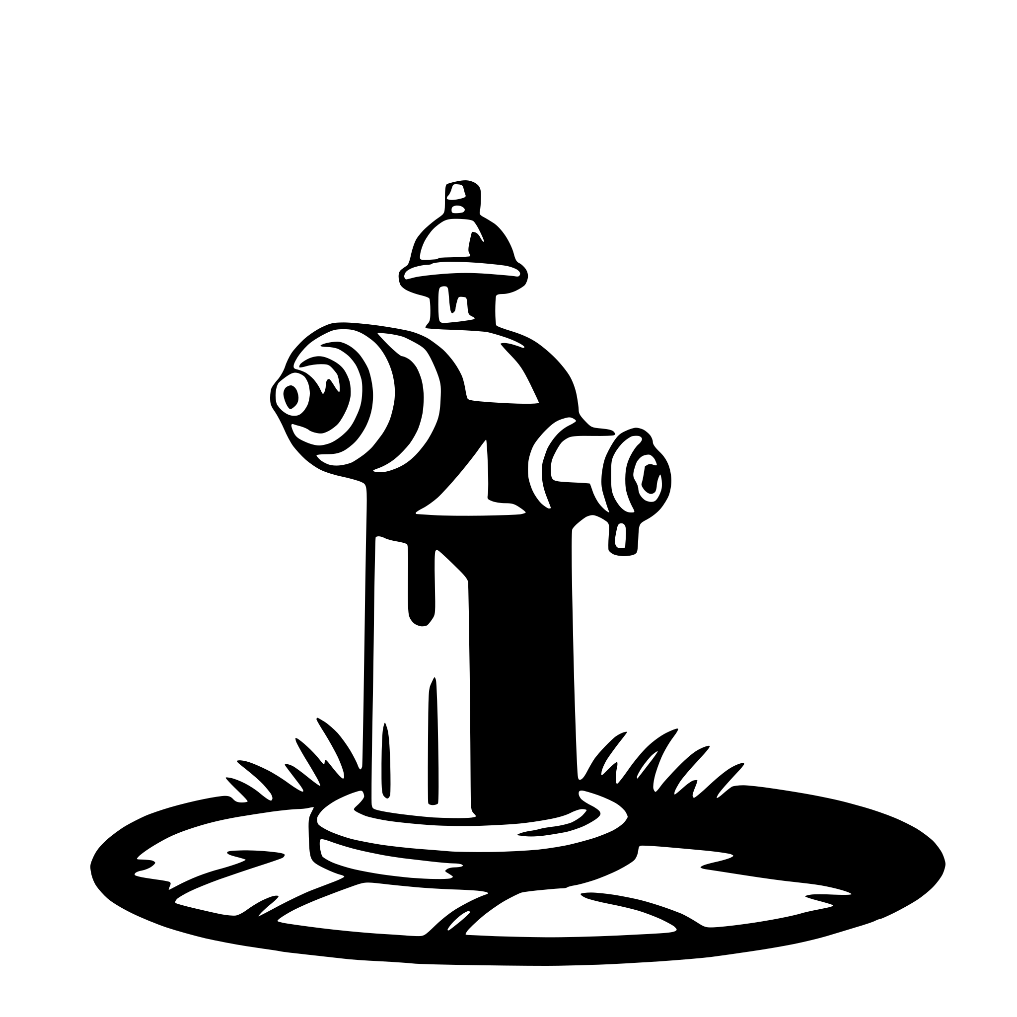 The SVG depicts a simple line drawing of a fire hydrant. The hydrant is shown in profile, with a cylindrical body, a flat top, and a spout on the side. It is situated on a circular base, which could represent a patch of grass or a paved area. The hydrant is the central object in the SVG, and there is no interaction between objects as it is a single, isolated object. 
