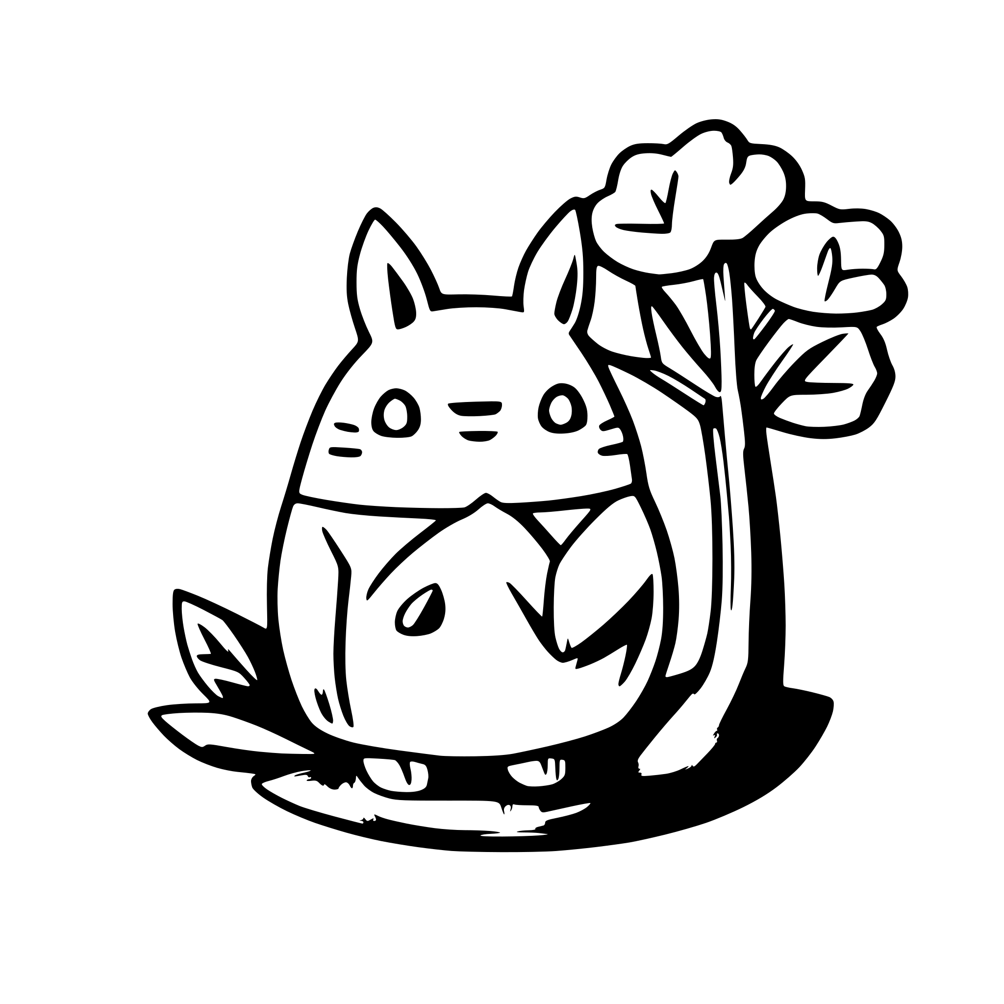 AI-generated SVG of a totoro with a one japanese cherry tree for colouring only lines in the style of hayao miyazaki