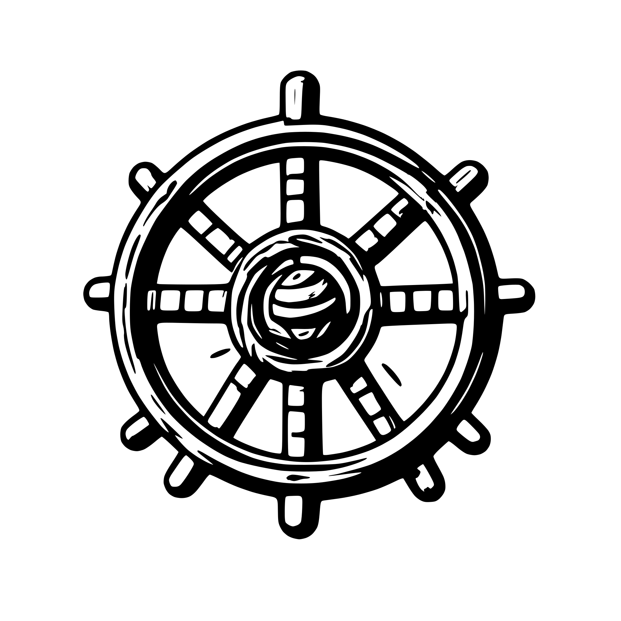 AI-generated SVG of a An old ship wheel with a ball of yarn forming the circular part, and knitting sticks creating 7 handles around the outside