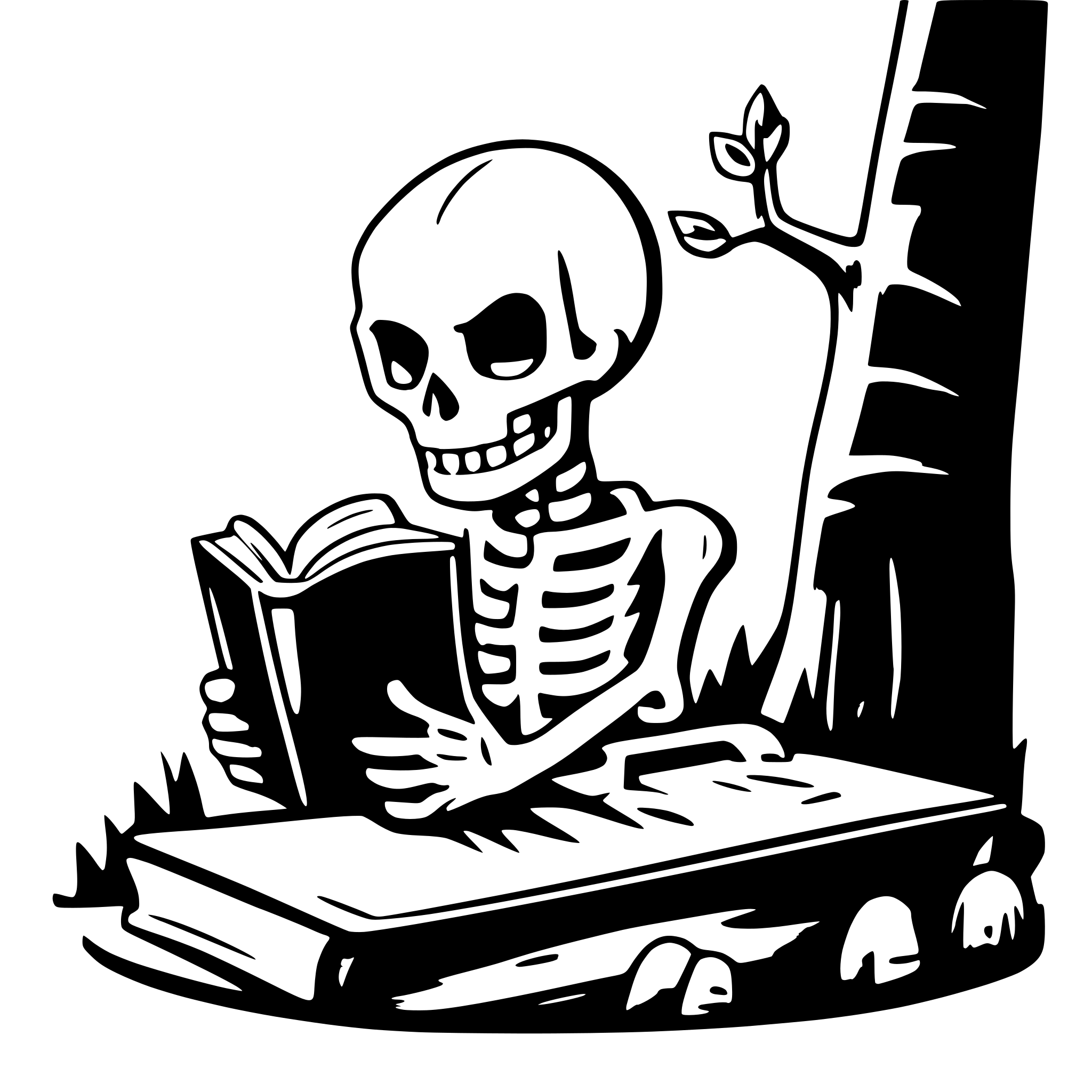 AI-generated SVG of a a skeleton on a cemetery reading a big book