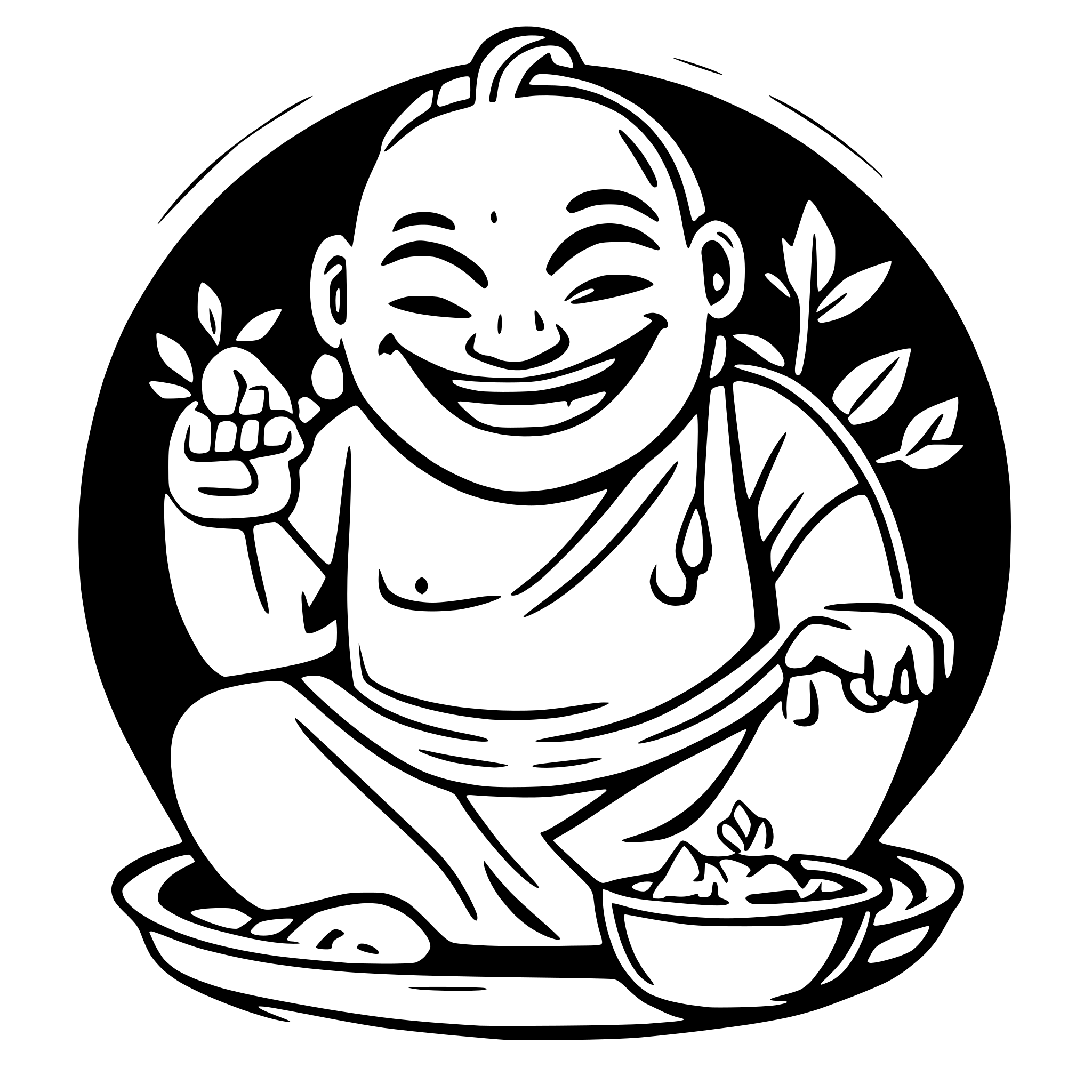 AI-generated SVG of a Generate a happy laughing Buda sitting there and presenting his big belly. in front of him is a pot and a plate with leftovers