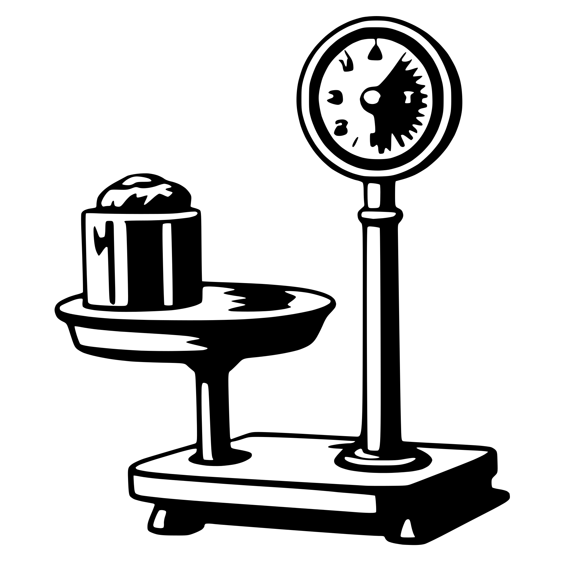 The SVG depicts a simple, stylized scale with a weight on it. The scale has a circular top with a needle pointing to a number, indicating the weight measurement. Below the scale, there is a platform with a weight on it, suggesting that the weight is being measured. The weight appears to be a cylindrical object with a flat top and a hole in the center, which is typical for a weight used in a scale. The scale and weight are placed on a flat surface, and the scale has a vertical post that supports it. The SVG is a black and white line drawing, and there are no texts or additional objects present. 