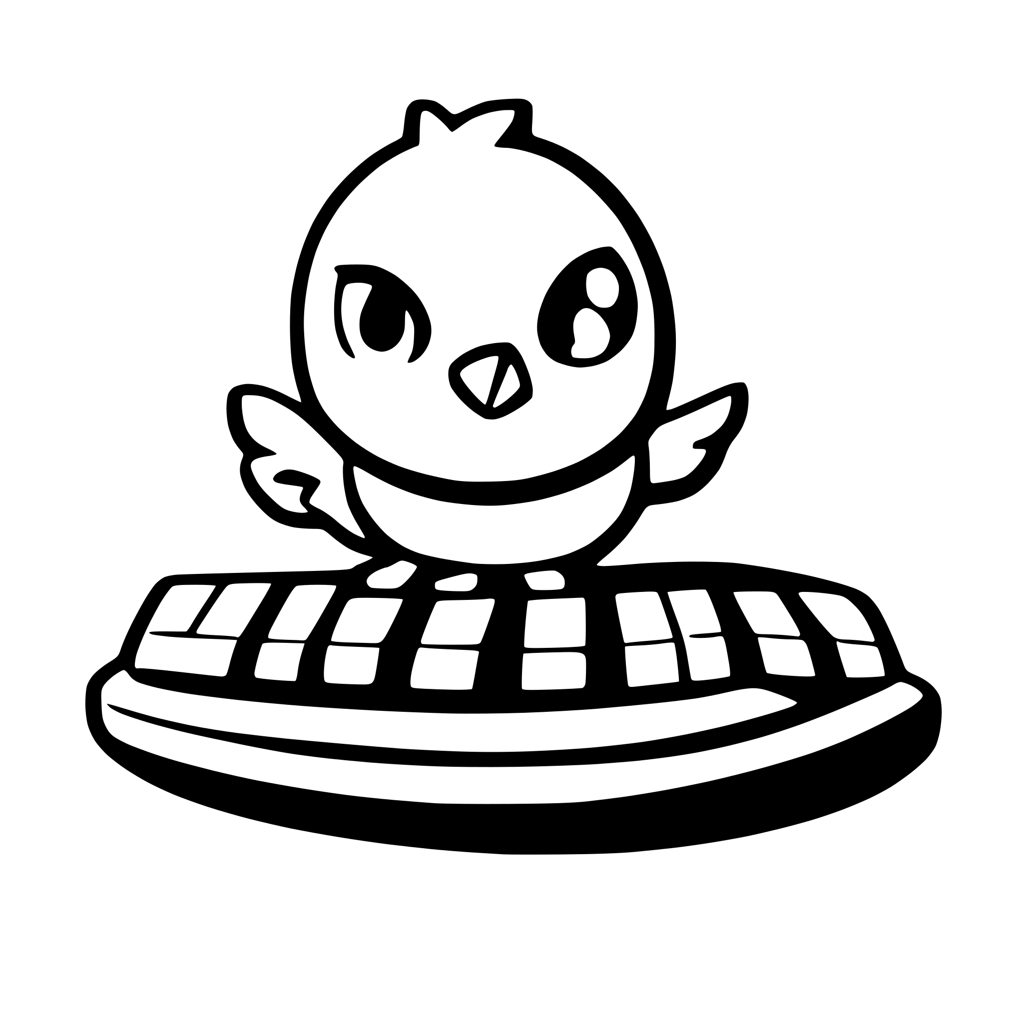 AI-generated SVG of a Simple small cute bird-outline bot typing on a floating keyboard, modern UI, clean lines, white background.