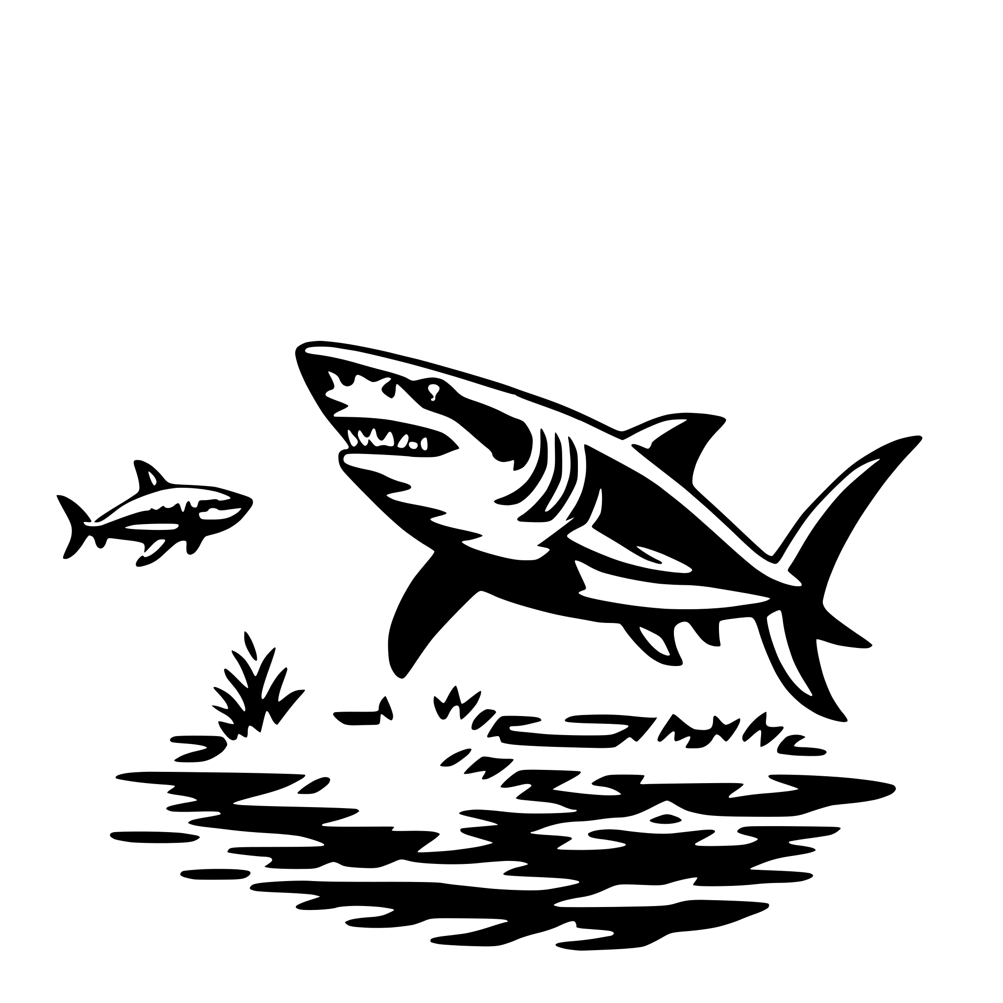 The SVG depicts a shark and a smaller fish in a body of water. The shark is prominently displayed in the foreground, with its mouth open, suggesting it is either swimming or hunting. The smaller fish is positioned in front of the shark, appearing to be swimming away from the larger predator. The background features a simple representation of water and a hint of vegetation, providing a minimalist backdrop that focuses attention on the interaction between the two marine creatures. 