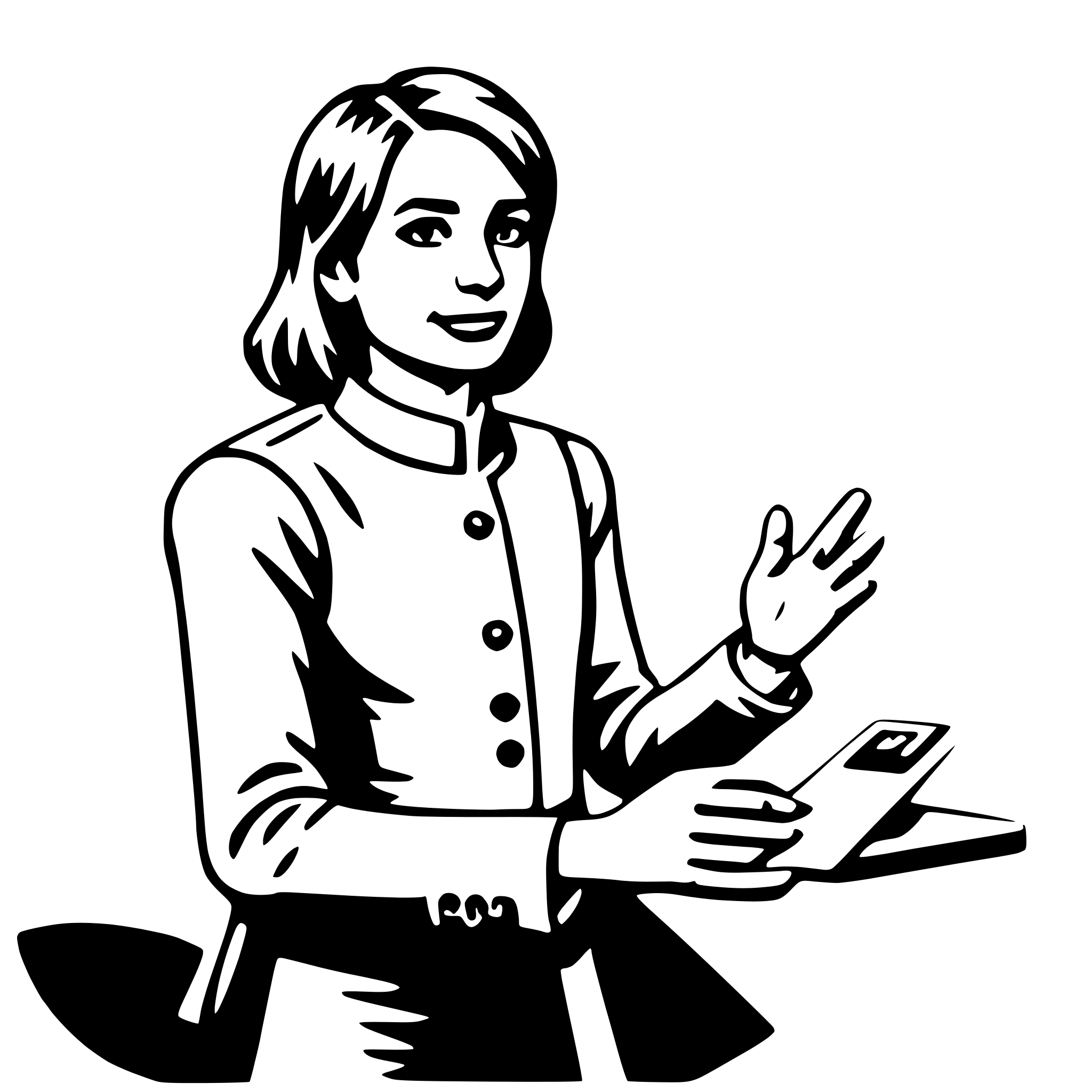 The SVG depicts a stylized illustration of a person, likely a woman, dressed in a formal attire that resembles a uniform or a chef's outfit. She is standing with her hands clasped together, as if she is presenting or explaining something. The person is smiling and appears to be engaged in a conversation or demonstration. The illustration is simple and uses solid lines and flat colors, which is characteristic of vector graphics. The style is minimalistic and does not include intricate details or shading, focusing instead on the overall shape and form of the subject. 