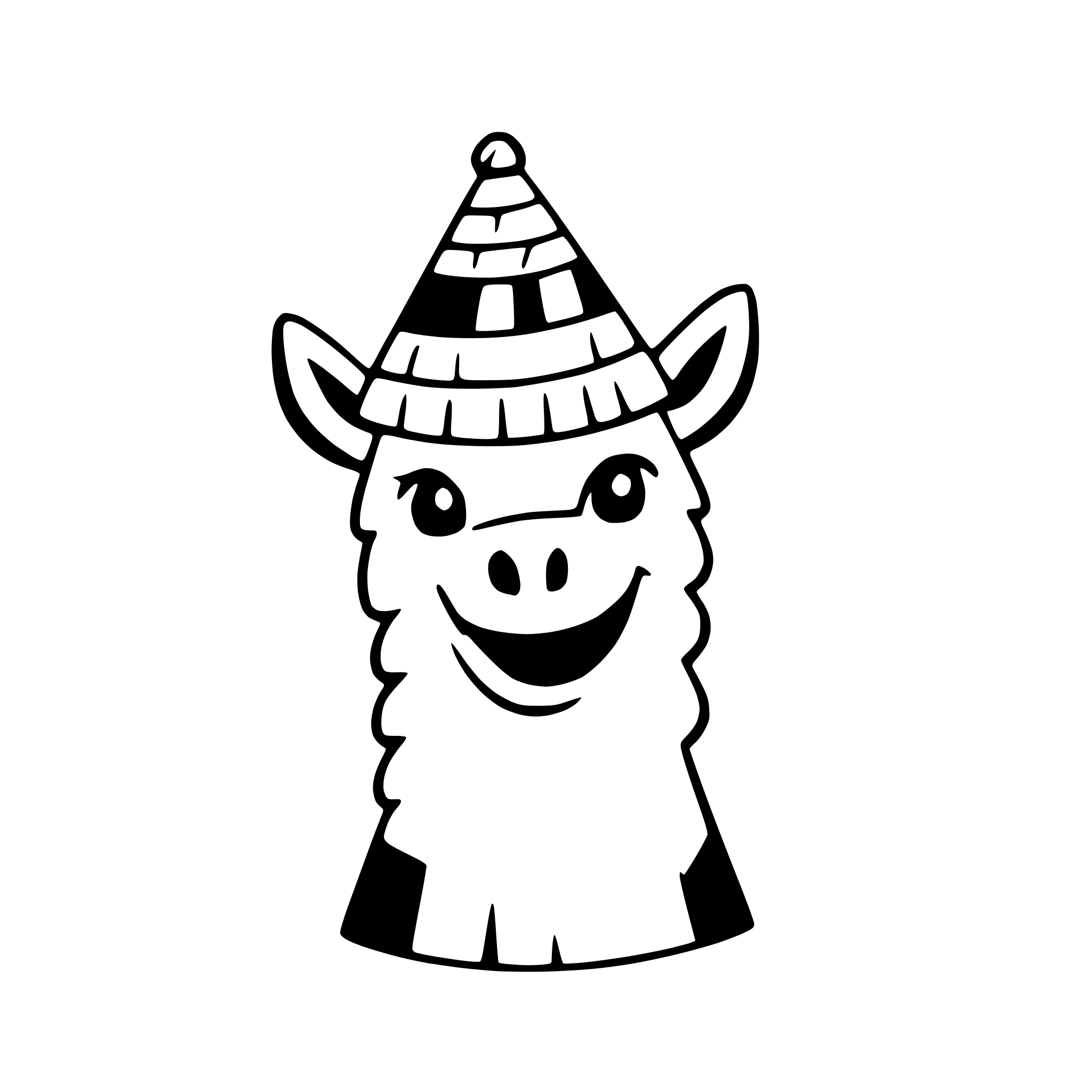 AI-generated SVG of a a grinning llama with a party hat