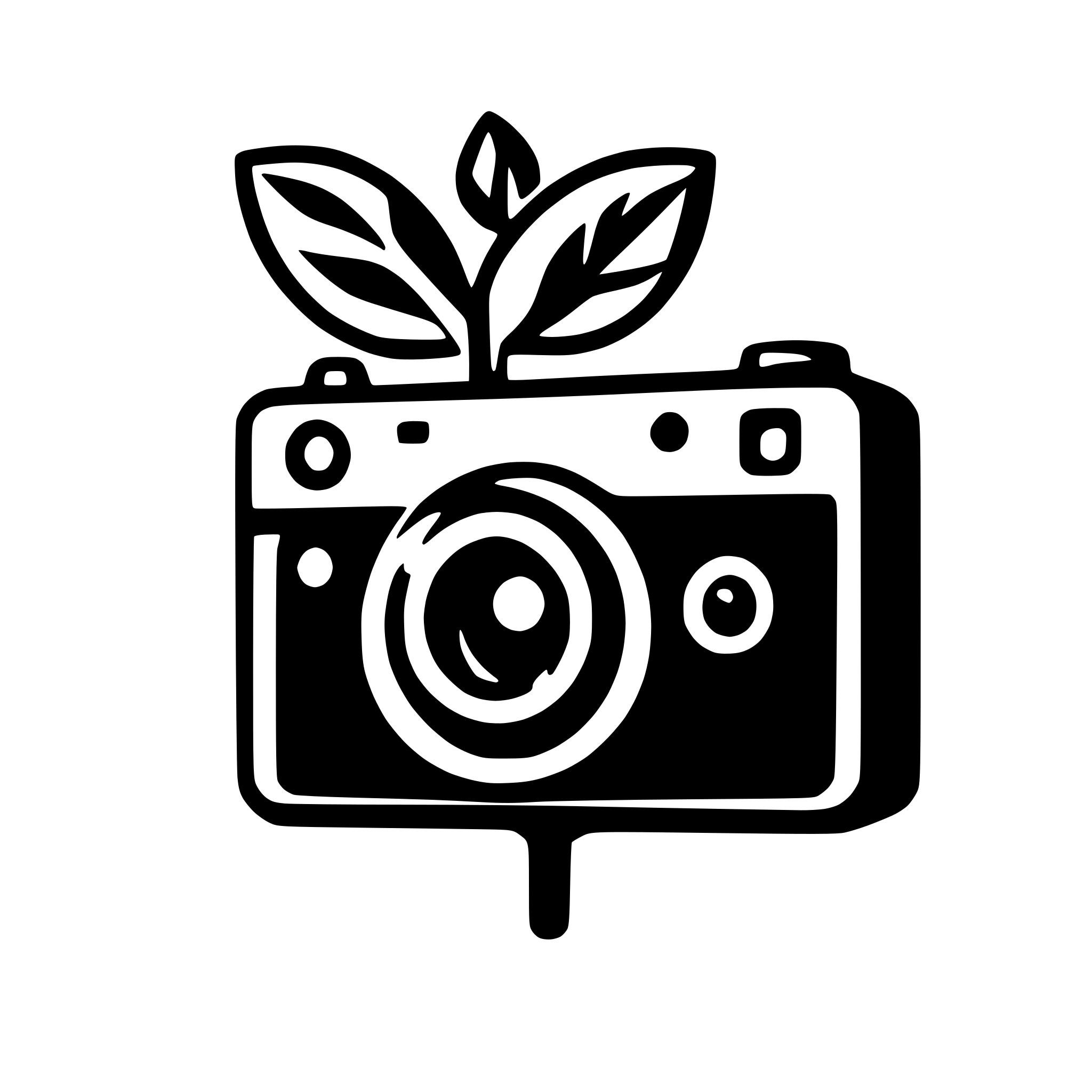 AI-generated SVG of a Icon Description:  Shape: A simple camera shape. You could use a rounded rectangle or a more stylized camera silhouette. Color: A dark green or brown to blend with nature. Details: A small lens shape within the camera body. A tiny red LED to indicate the camera is active (optional). A small tree branch or leaf element to further emphasize the nature connection.