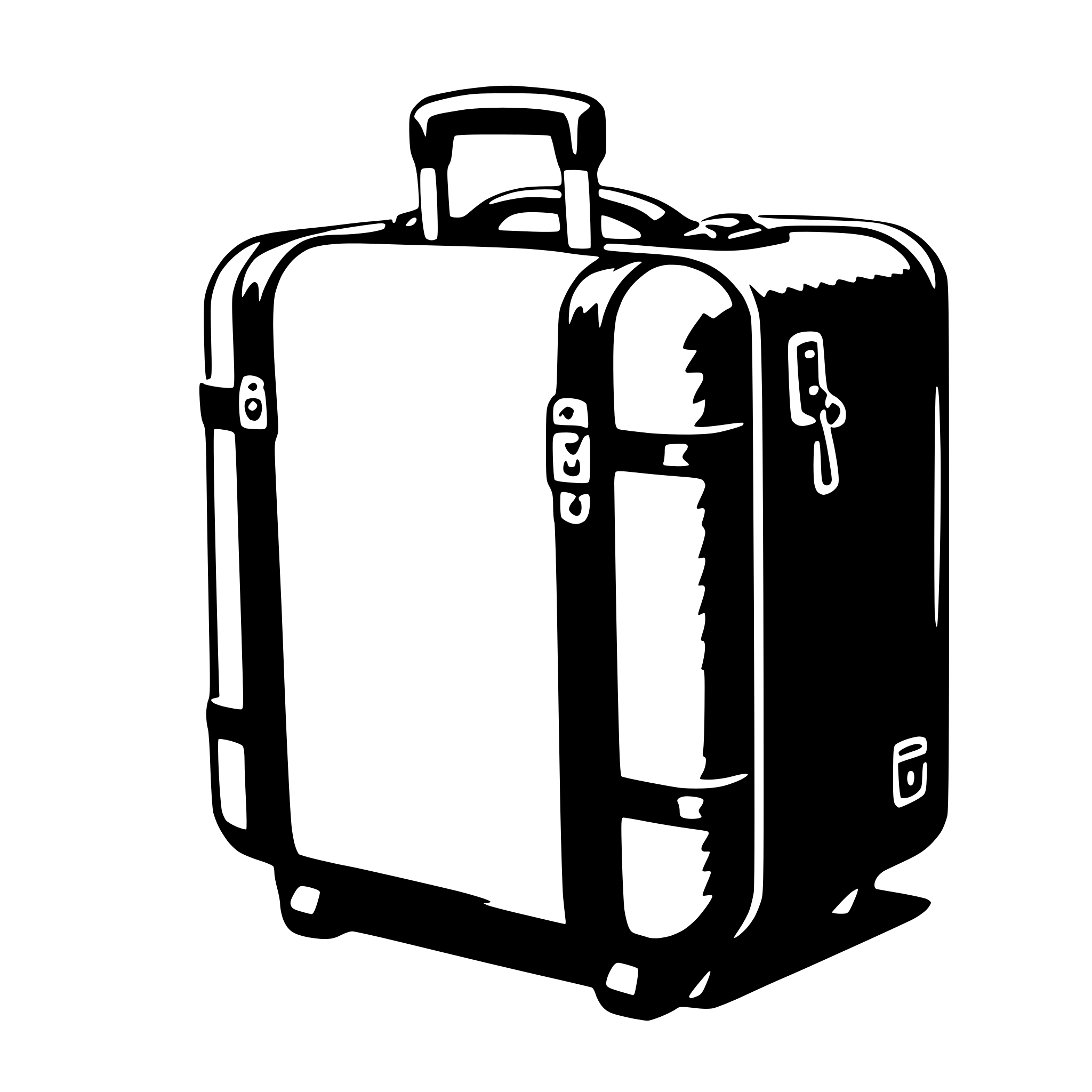 The SVG shows a simple line drawing of a suitcase. The suitcase has a rectangular shape with a flat top and a handle on top. There are two wheels on the bottom, and a lock on the front. The suitcase is depicted in a side view, with the handle extended upwards. The SVG is minimalistic and does not contain any additional objects or interactions. 