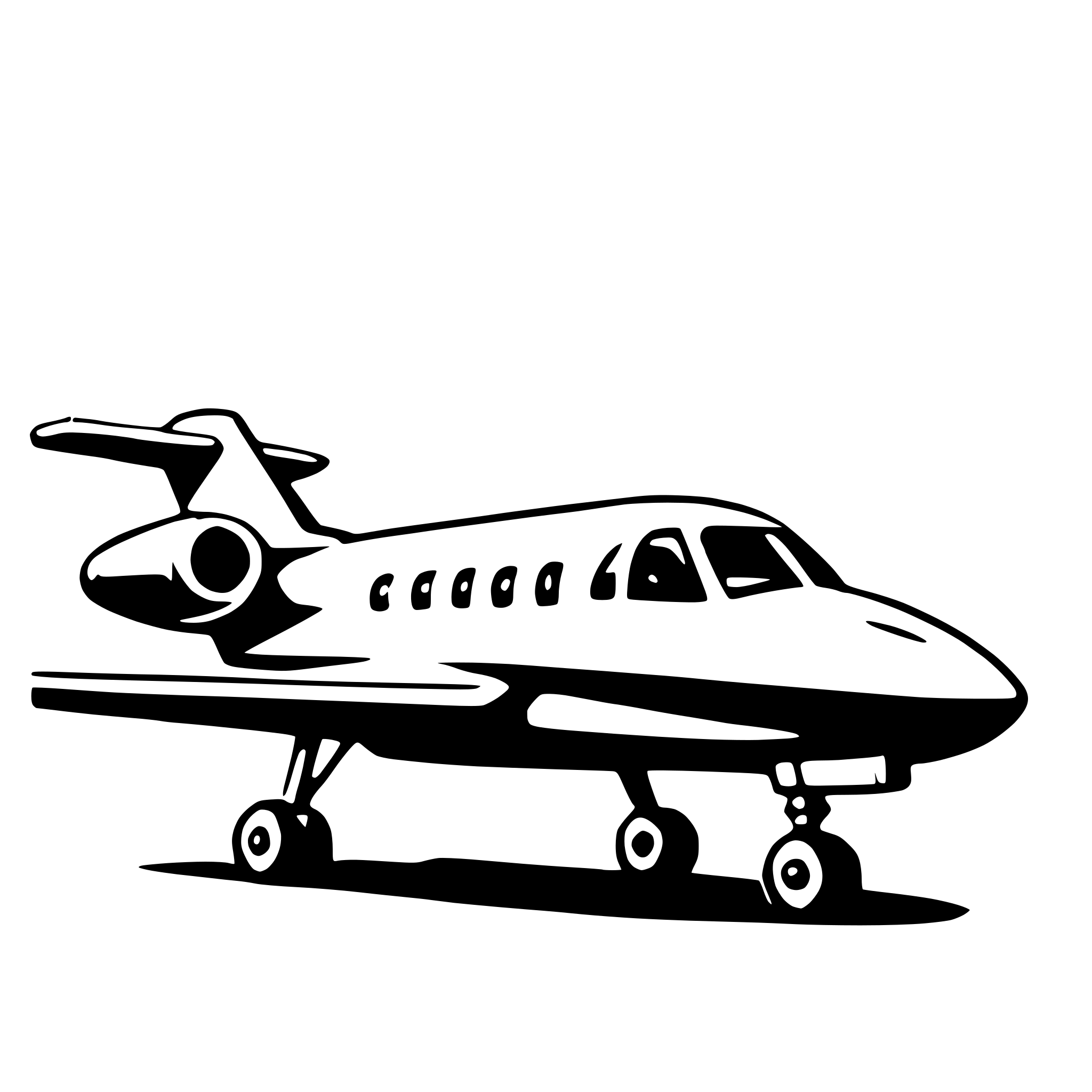 The SVG depicts a stylized, simplified representation of a jet airplane. The airplane is shown in a side profile, with its nose pointed to the right, suggesting movement or direction. It has a prominent cockpit with a small window, and the fuselage is elongated with a series of windows along its side. The tail section is visible at the back, and the wings are depicted with a slight upward curve at the tips, which is characteristic of many jet aircraft. The landing gear is extended, indicating that the airplane is either preparing for takeoff or has recently landed. The SVG is a vector graphic, which means it is composed of lines and shapes that can be scaled without losing quality. 