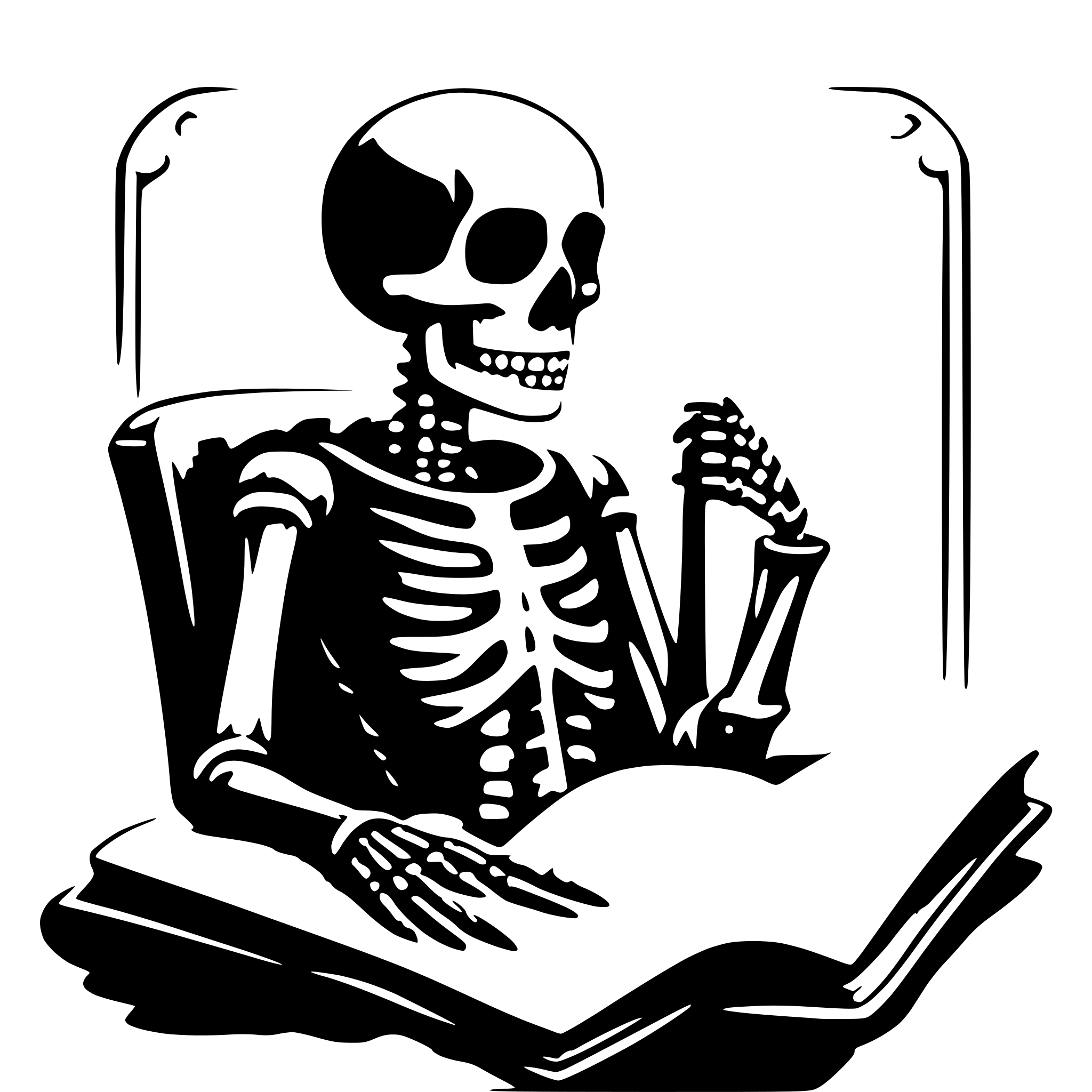 AI-generated SVG of 'skeleton reading a book'