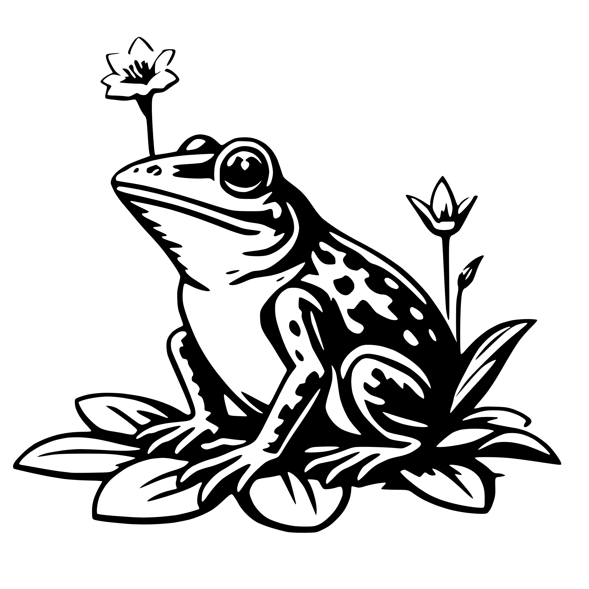 The SVG features a stylized illustration of a frog sitting on a lily pad. The frog has a prominent, large eye and a wide mouth, with a pattern of spots on its body. It has four legs and is surrounded by lily pads with a central flower. The lily pads have a symmetrical arrangement of leaves, and the flower in the center has a simple, rounded shape. The frog appears to be resting or observing its surroundings. 