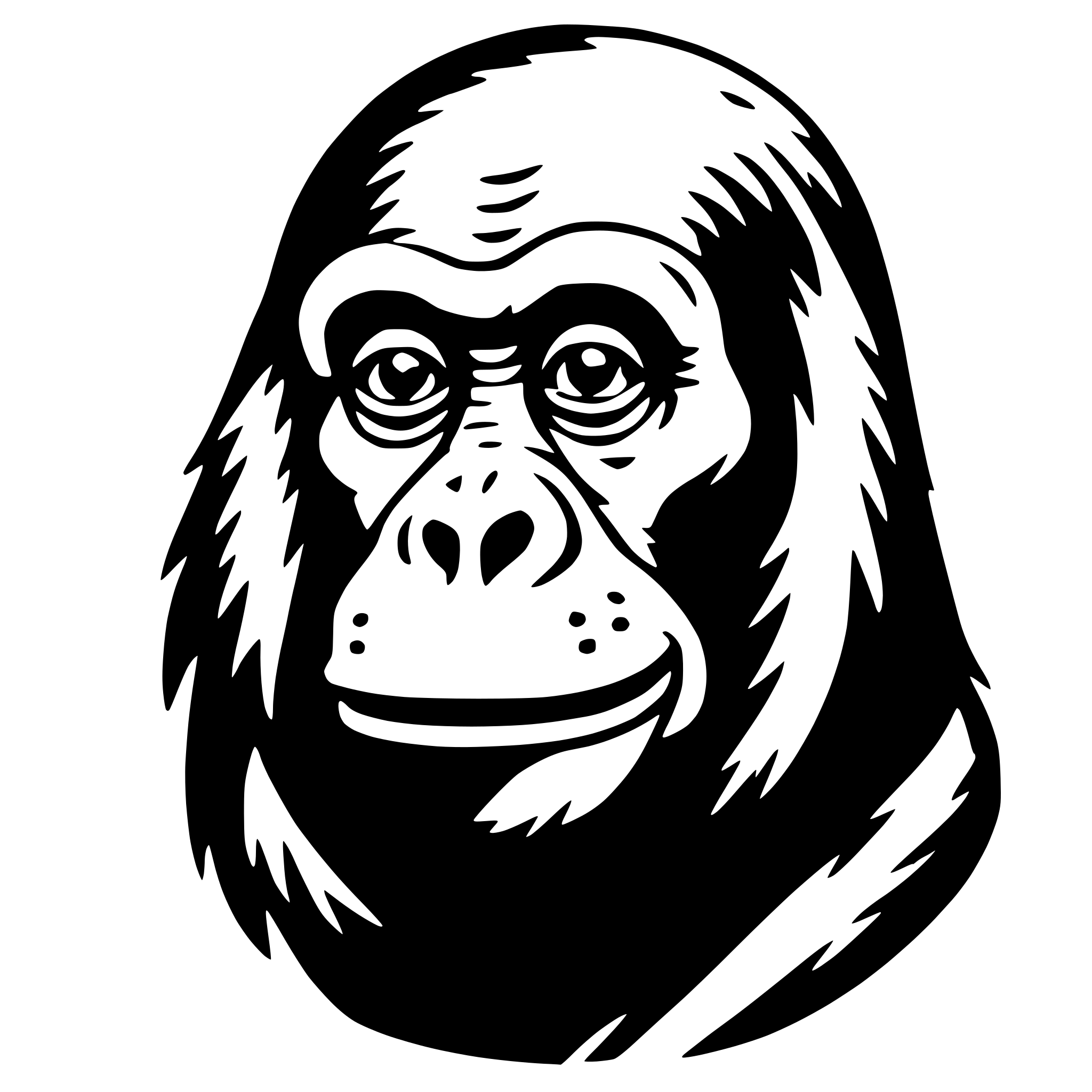 The SVG depicts a stylized, cartoon-like illustration of a chimpanzee's head. The chimpanzee has a large, round head with a prominent forehead, and its eyes are wide open, giving it a surprised or curious expression. The ears are small and round, and the hair is depicted with a few strands sticking out from the top of the head. The mouth is closed, and the nose is small and round, with a few lines suggesting the texture of the skin. The SVG is simple and uses solid colors without any shading or gradients, which is typical for vector graphics. 