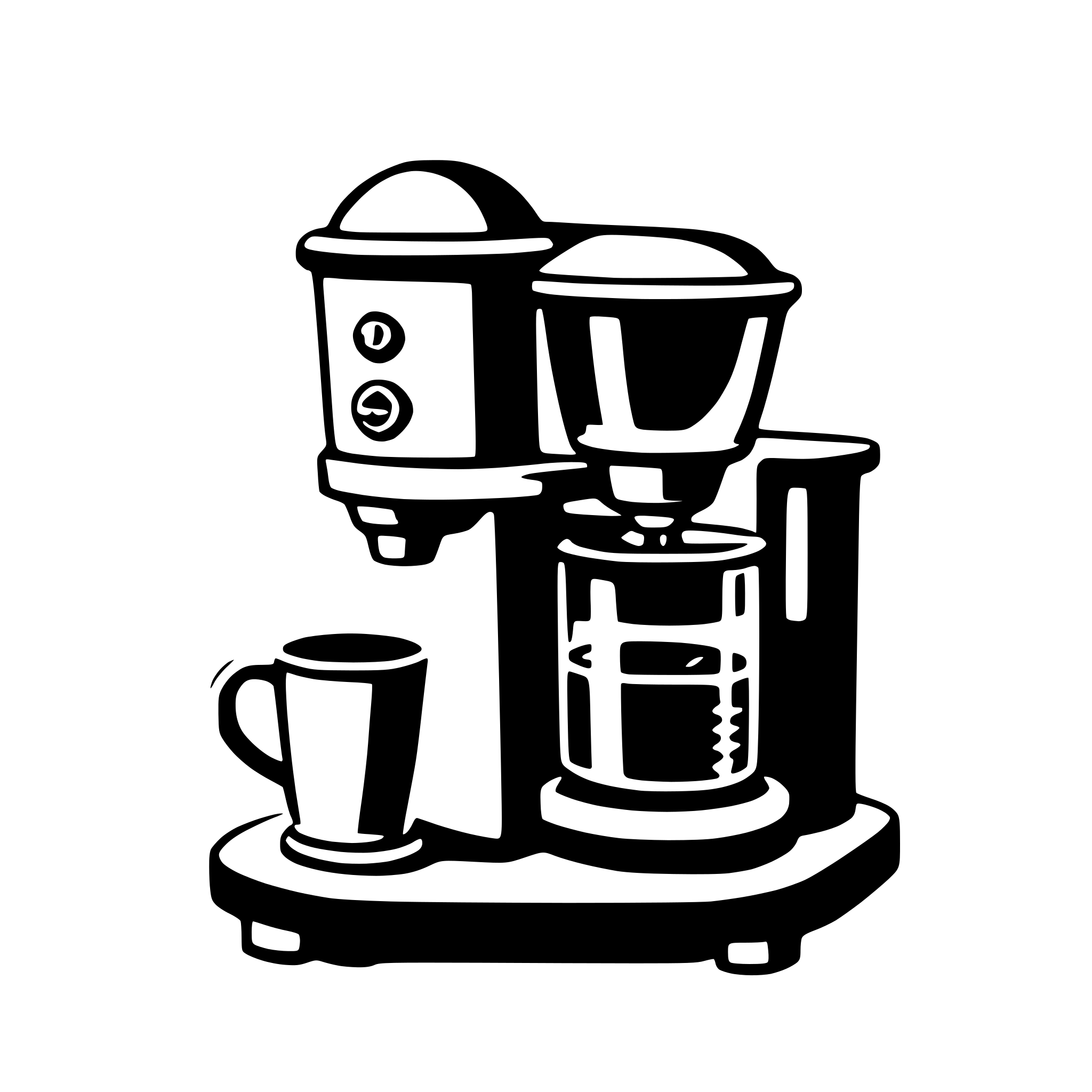 The SVG depicts a coffee machine with a cup of coffee on a saucer. The coffee machine has a spout from which coffee is being dispensed, and there is a lever on the side, which is typically used to start the brewing process. The cup of coffee is placed on a saucer, which is a common way to serve coffee. The machine and the cup are the main objects in the SVG, and their interaction suggests that the coffee machine is in use, dispensing coffee into the cup. 