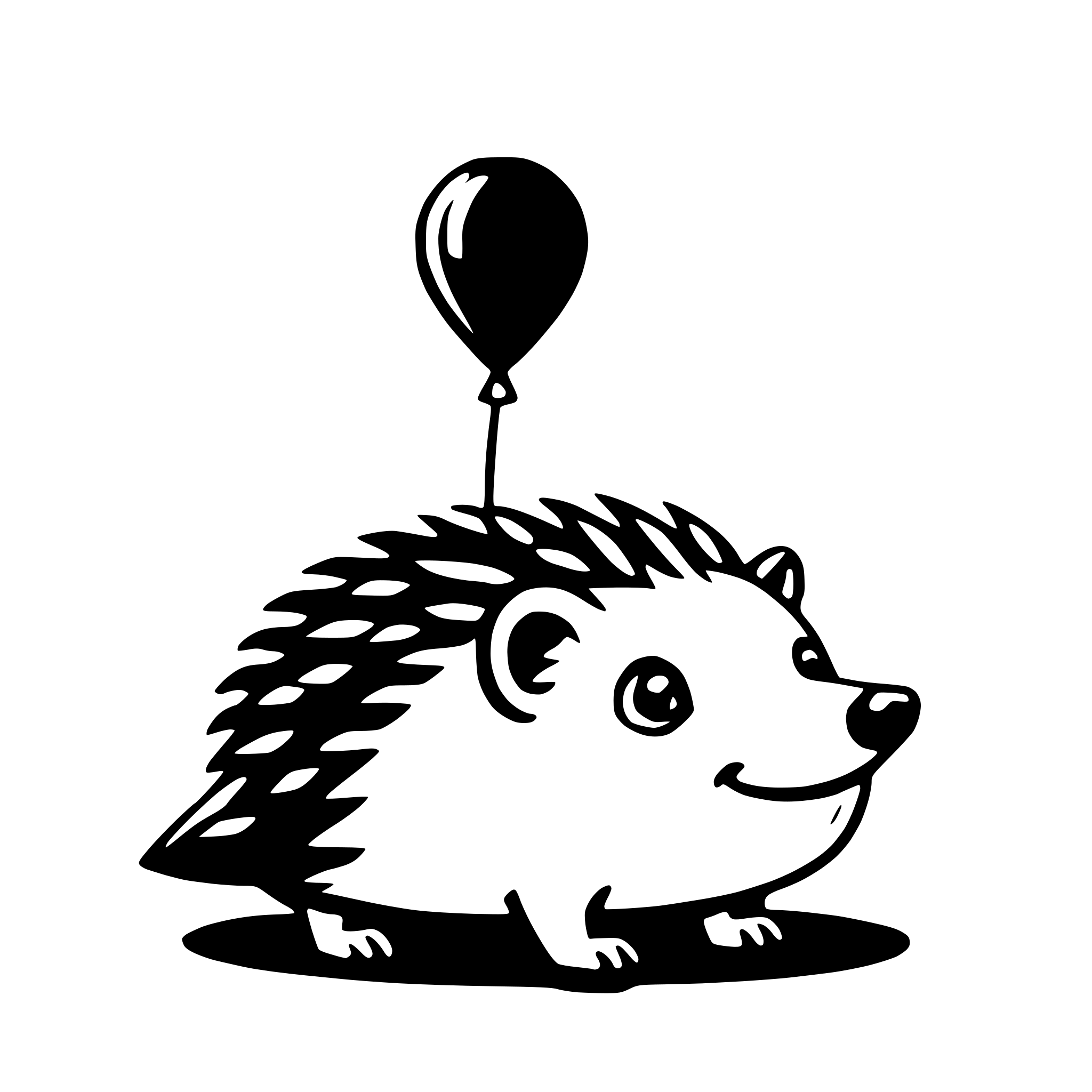 The SVG features a stylized, cartoon-like depiction of a hedgehog. The hedgehog is shown with a simplistic design, having a round body with spines on its back, two small ears, and a small snout. It is standing on two legs, and its tail is curled up behind it. Above the hedgehog, there is a black balloon tied to a string, which is floating in the air. The balloon is small in comparison to the hedgehog and is positioned directly above its head. The overall style of the SVG is playful and whimsical, with a clear focus on the hedgehog and the balloon. 