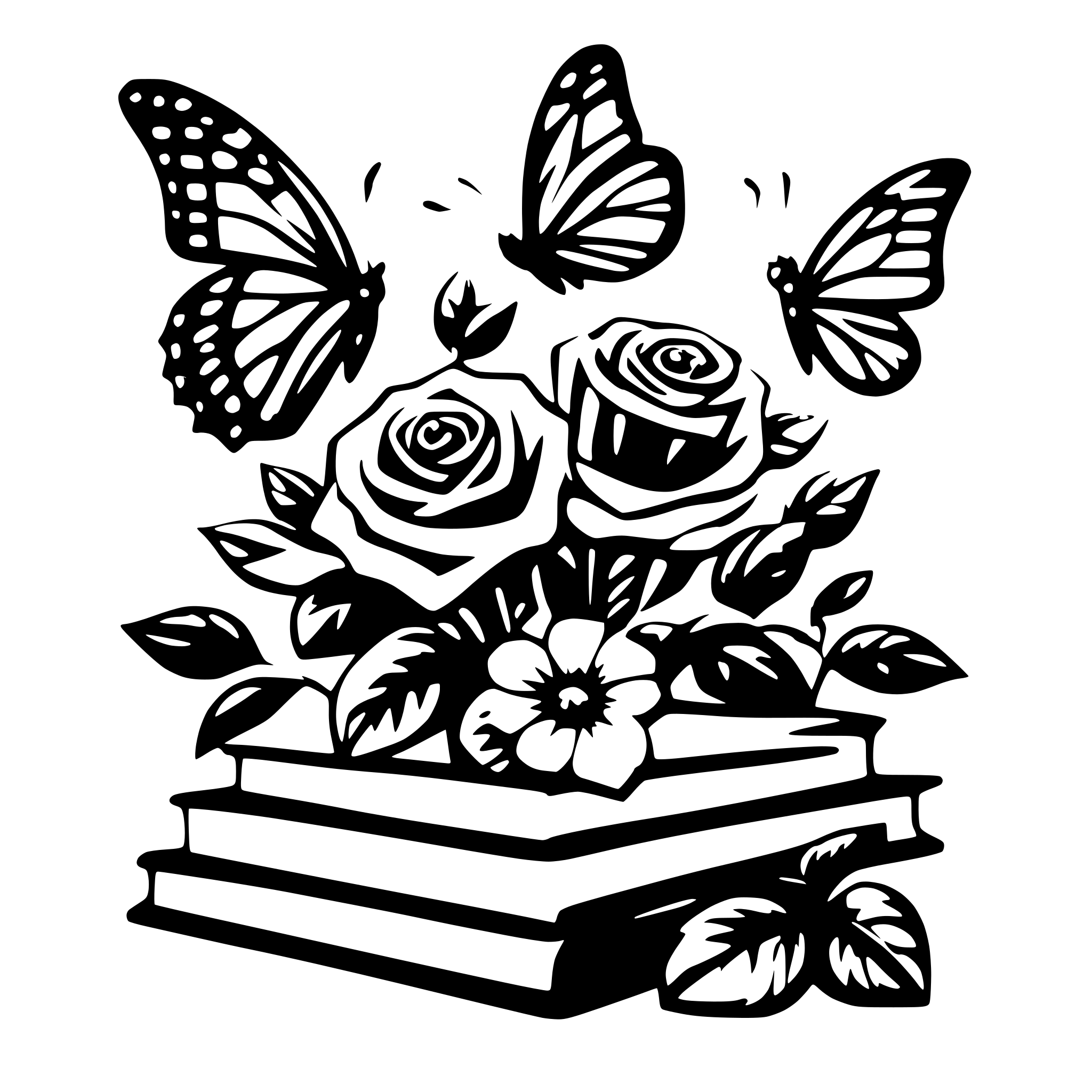AI-generated SVG of 'Butterflies, books, flowers and roses'
