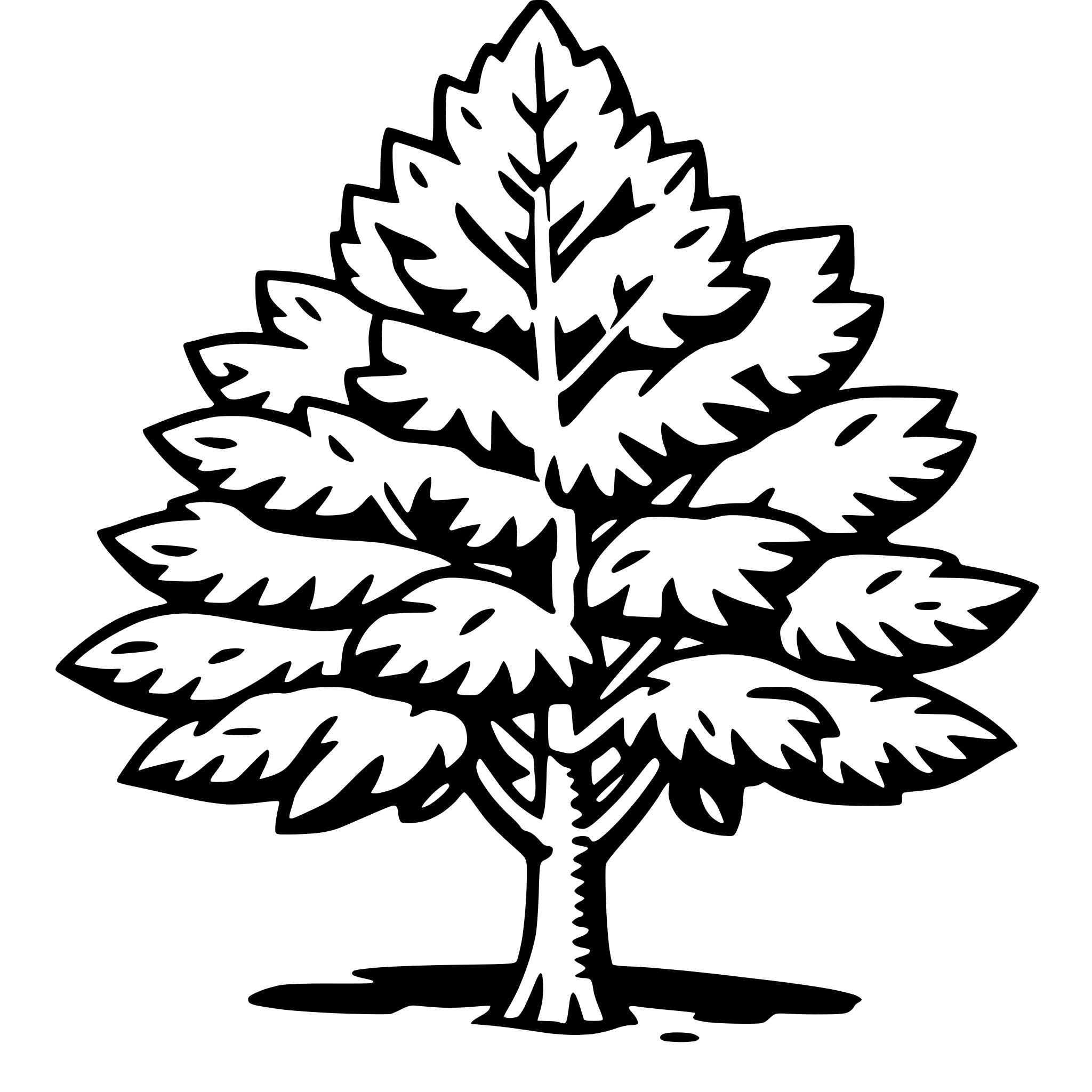 The SVG shows a stylized, simplified tree with a prominent trunk and a canopy of leaves. The leaves are depicted with a series of curved lines that suggest a natural, organic texture. The tree is centered against a plain background, and there is no interaction between the tree and any other objects, as it is the sole focus of the SVG. 