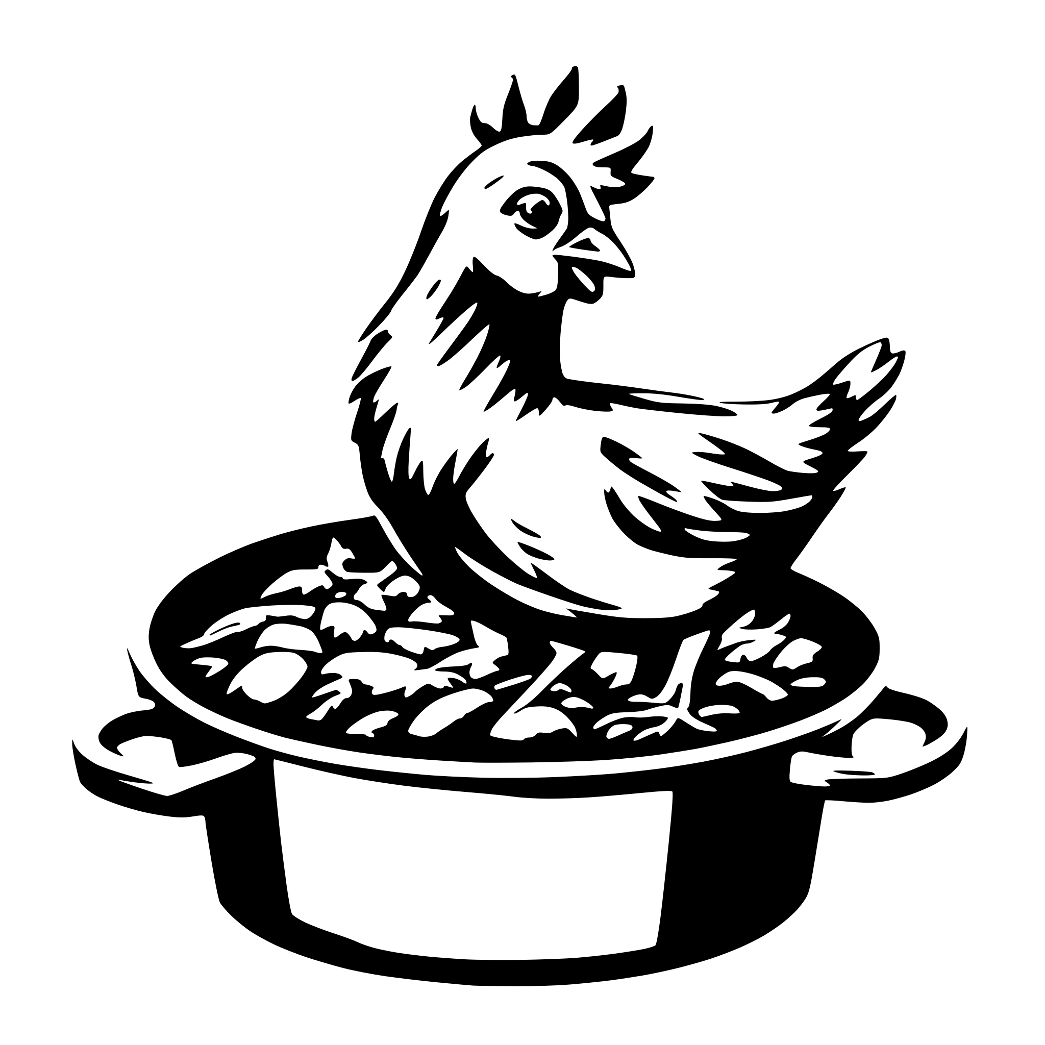 AI-generated SVG of a A chicken coming out of a casserole with the lid of the casserole on its head