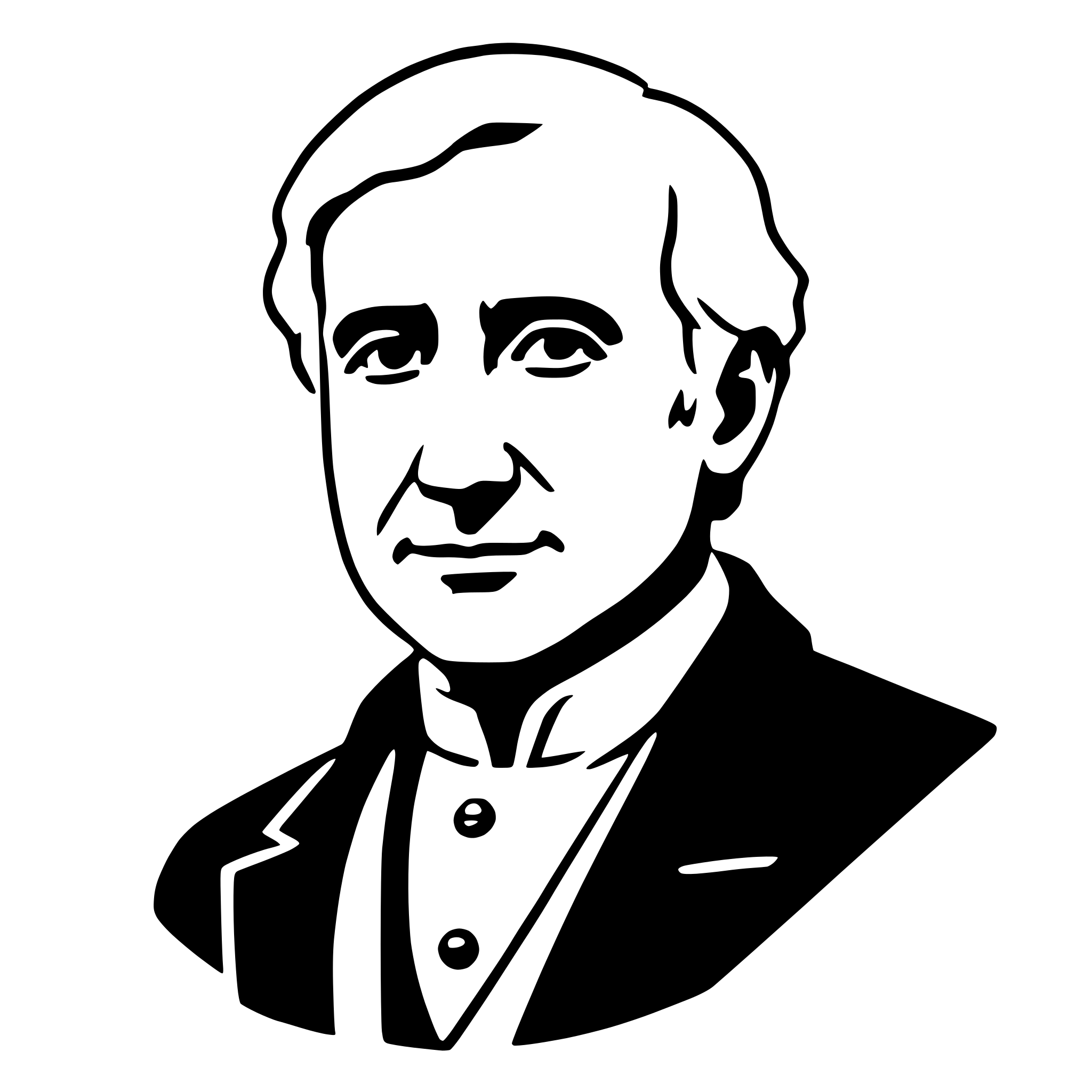 The SVG is a black and white vector graphic of a man's portrait. The man is depicted with a full head of hair, a mustache, and a beard. He is wearing a suit with a tie and a vest. The man is looking directly at the viewer, and his expression is neutral. The SVG is simple and does not contain any additional objects or interactions. 