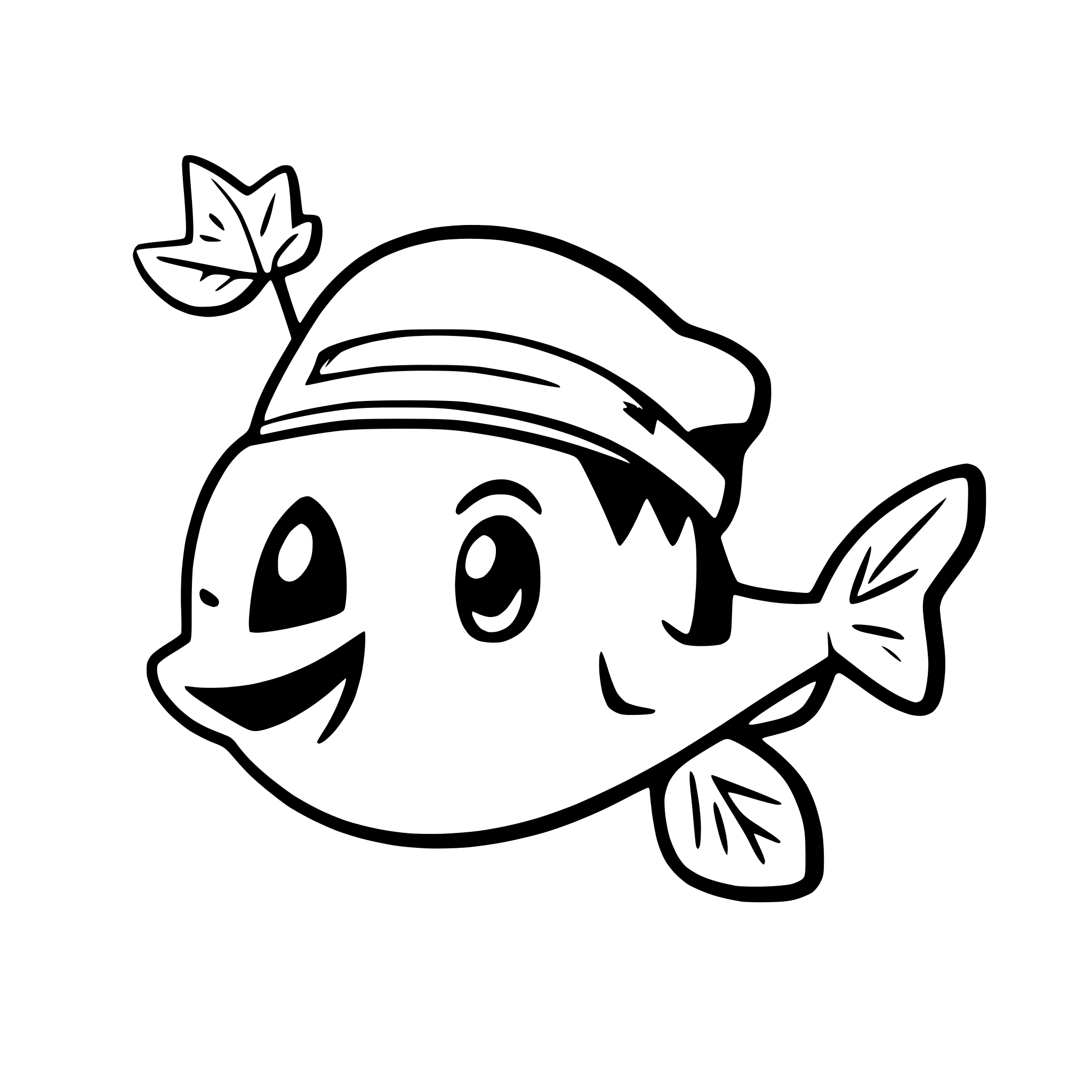 AI-generated SVG of a a flying fish with a propeller hat