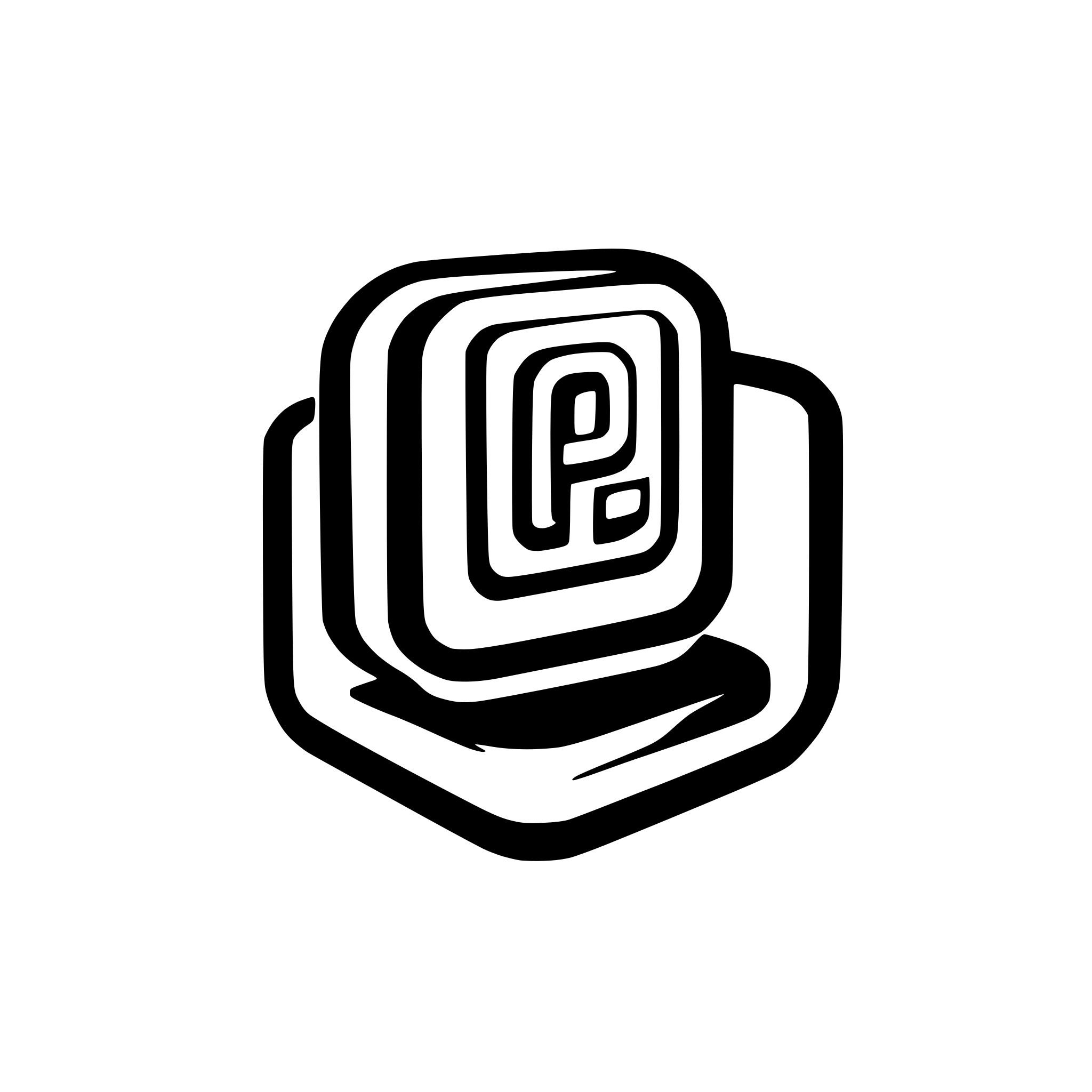 AI-generated SVG of a Shape Design: The logo features:  A bold, stylized "P." A rounded rectangular frame. A tag-like element extending from the top-right corner of the frame. Color Scheme: Black and white, with a layered 3D effect.  Steps for SVG Creation:  Create the rounded rectangle. Add the "P" inside the frame. Add the tag element to the frame.
