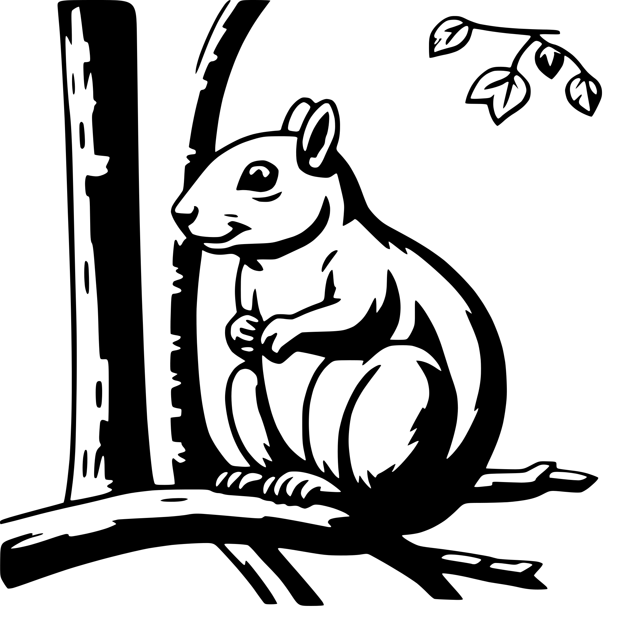 The SVG depicts a cartoon-style illustration of a squirrel sitting on a tree branch. The squirrel is facing the viewer, with its front paws resting on its chest and its tail curled around its body. The tree branch on which the squirrel is perched has a few leaves and a small twig. The background is plain and does not contain any additional details. The squirrel and the branch are the main objects in the SVG, and there is no interaction between them; the squirrel is simply sitting on the branch. 