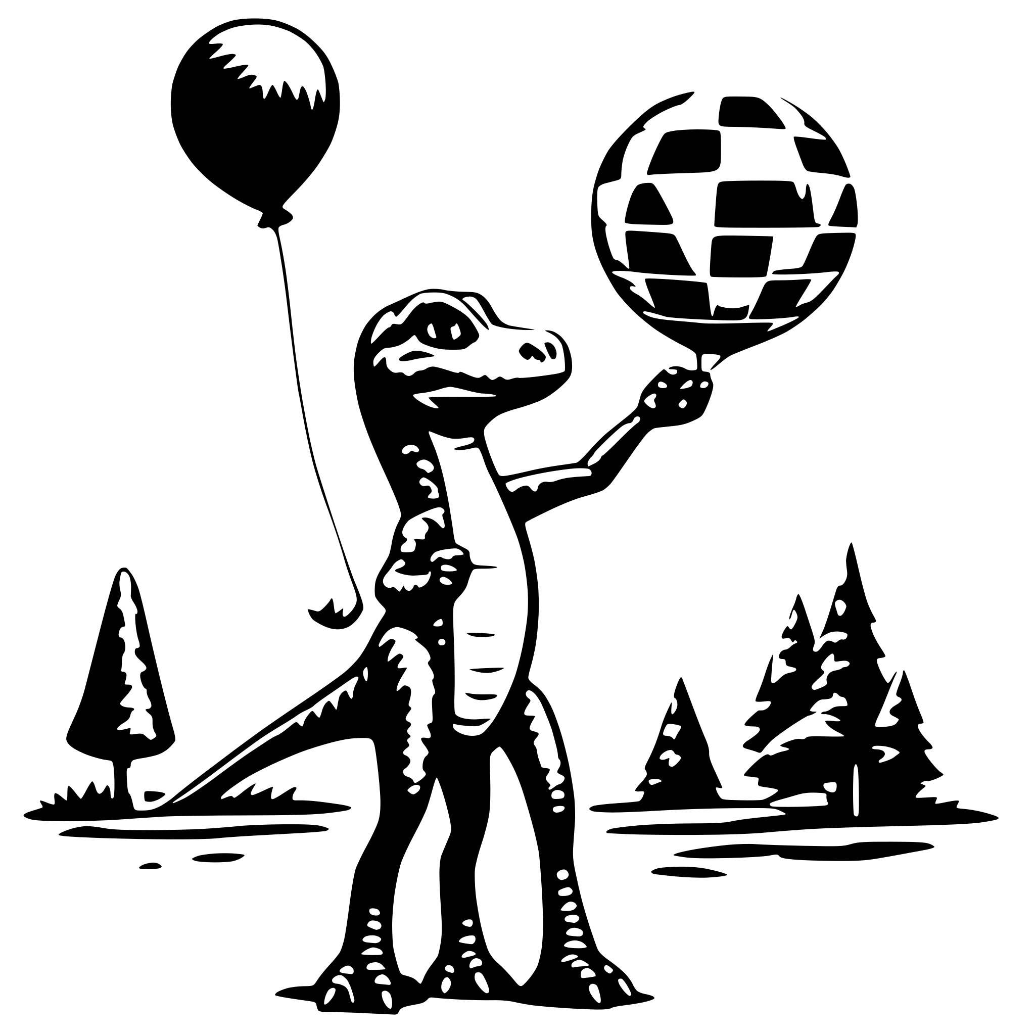 AI-generated SVG of a a funny dionosaur holding a luftbaloon in his hands